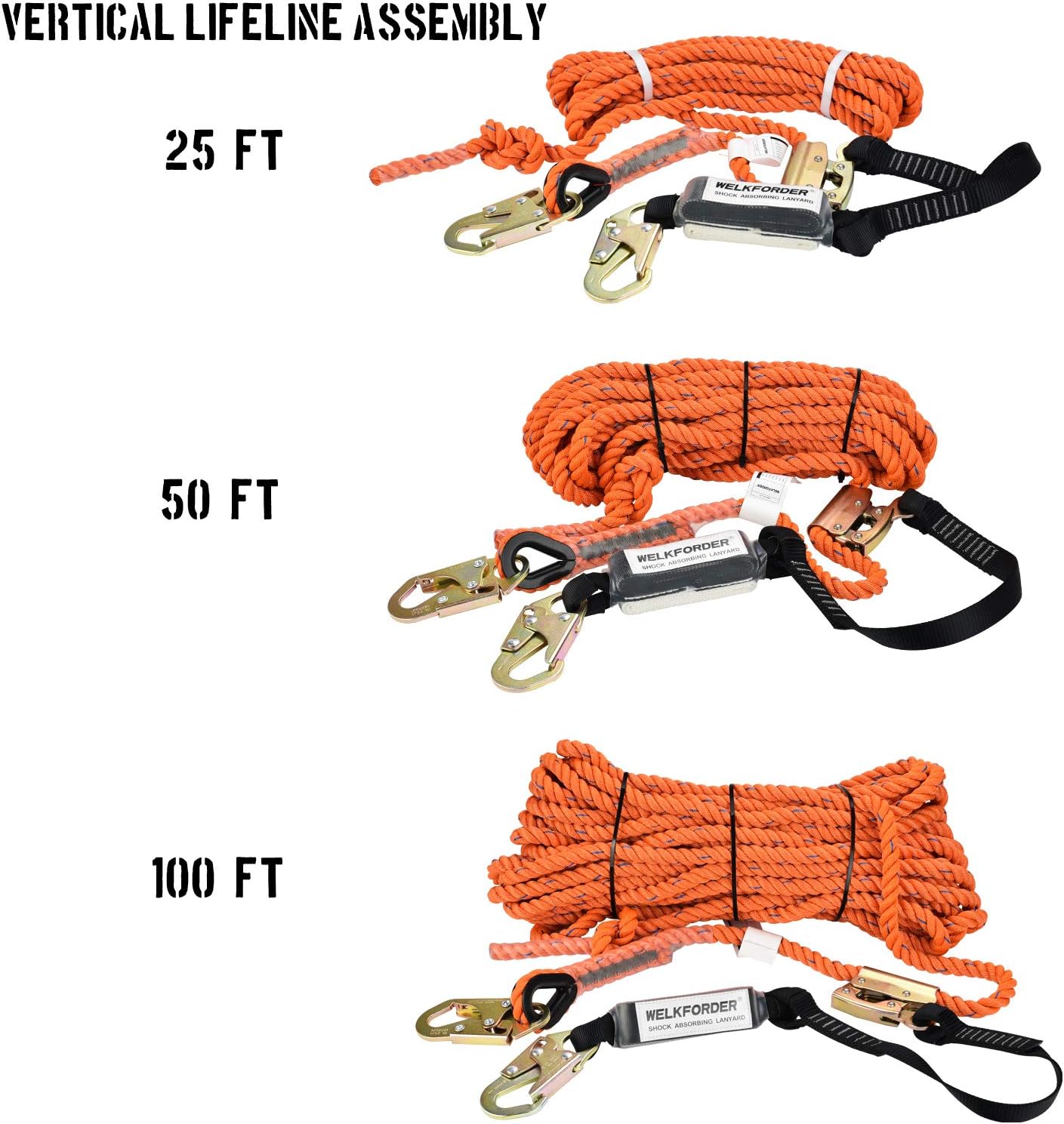 50FT Vertical Lifeline Assemble Three Strand Rope Fall Protection with Rope Grab Snap Hooks Shock Absorber Fall Protection Safety Equipment ANSI Compliant
