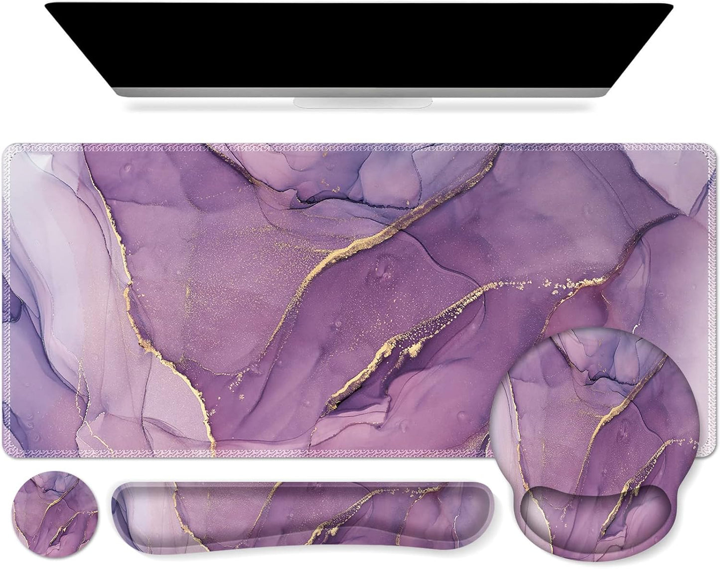 iCasso Purple Ergonomic Large Mouse Pad with Wrist Support, 4in1 XXL Desk Mat Set- Keyboard Wrist Rest + Mouse Wrist Rest + Coaster, Marble Style Desk Pad Mousepad