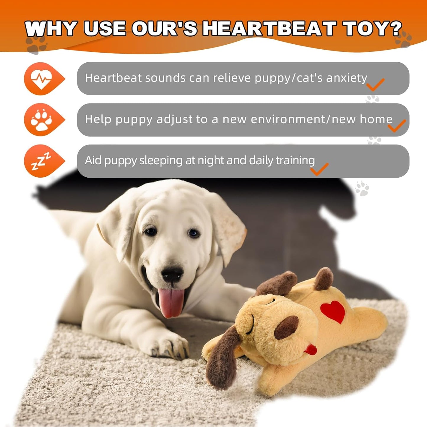 BEVERLYSHARK Heartbeat Puppy Toy Soft Dog Anxiety Relief Calming Aid Plush Stuffed Animal with Heartbeat Pet Sleep Calming Aid Toys Dog Heartbeat Toy for Pet Dogs Cats (Yellow)