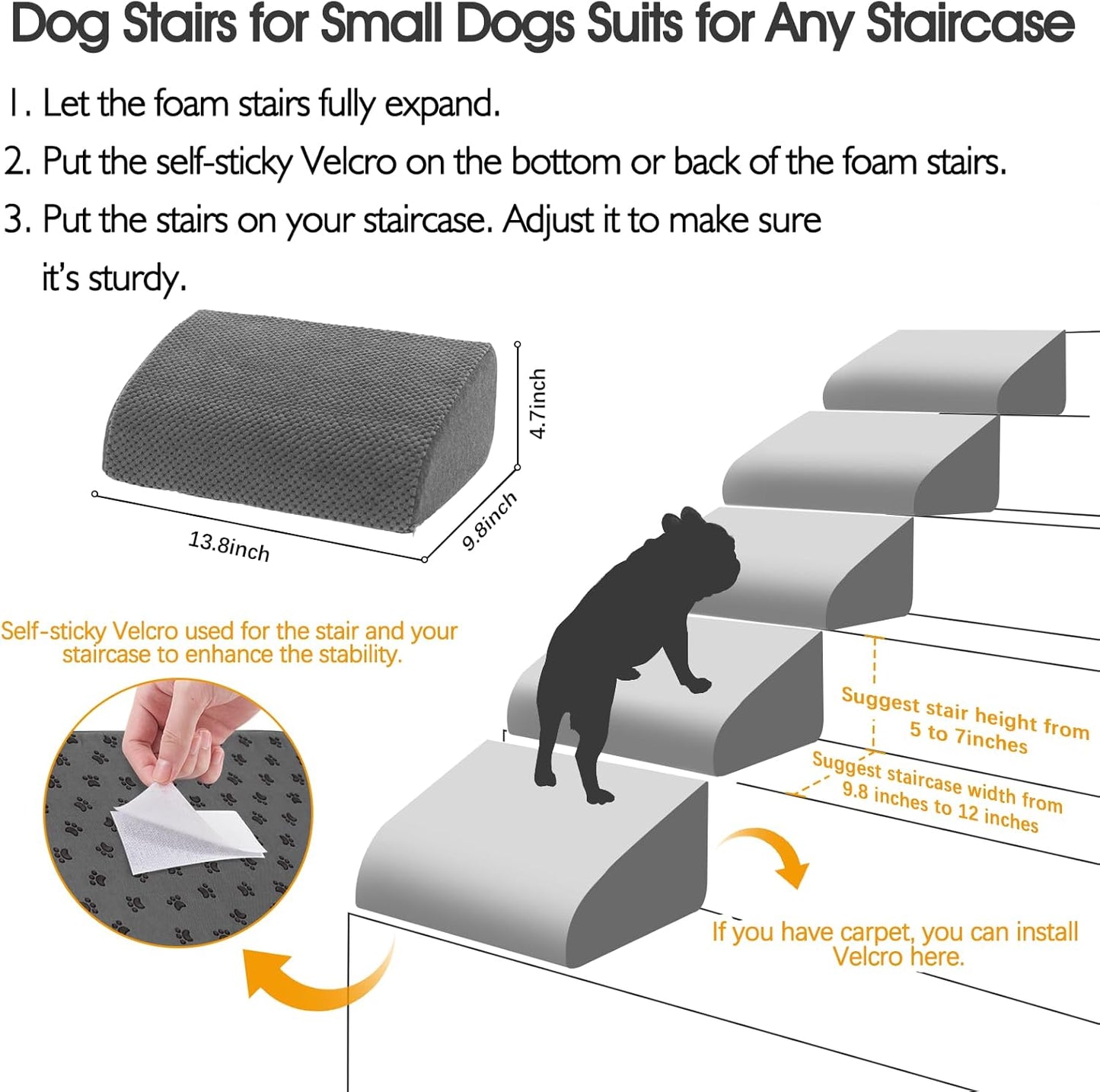 40D Dog Ramp for Stairs for Small & Senior Dogs and Cats – Non-Slip Stair Ramp for Dogs with Gentle Slope, Pet Ramp with Washable Cover & Self-Sticky Pads for Safe Climbing Easy Install(Grey, 5 Pack)