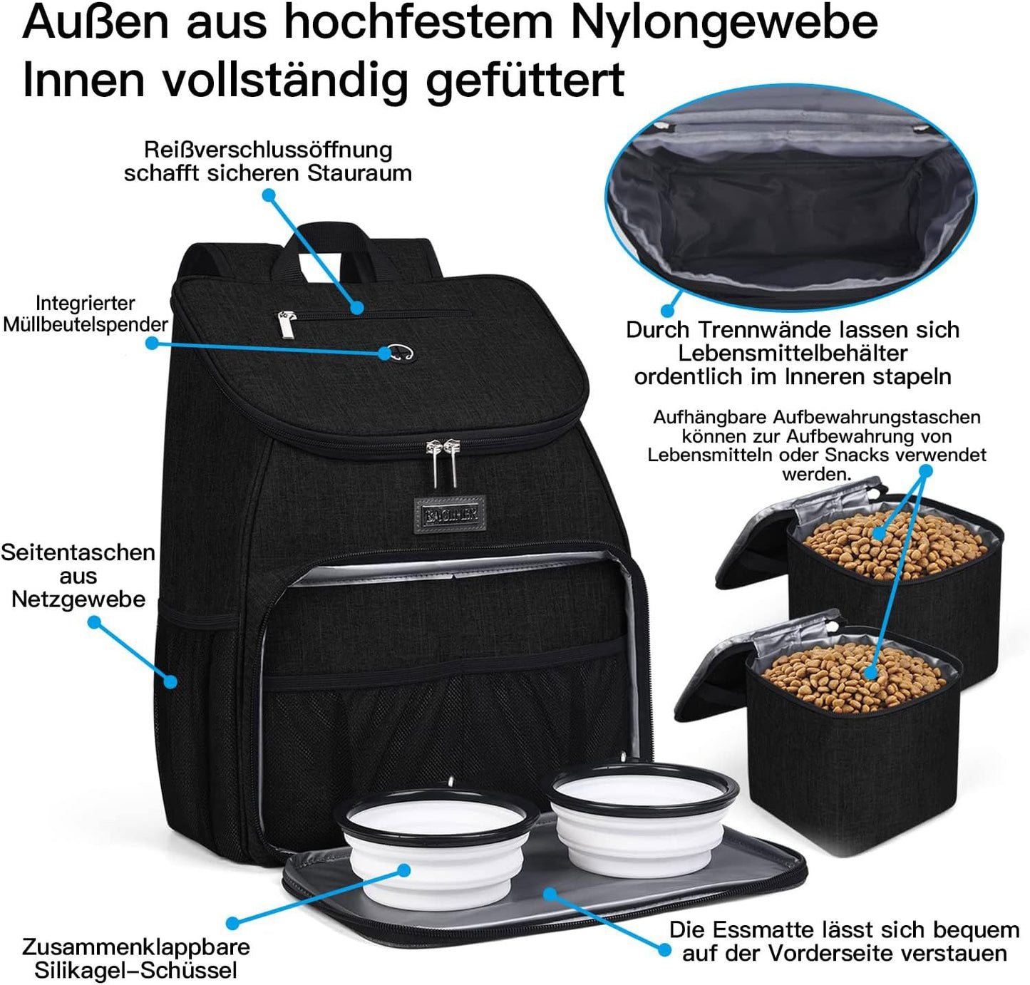 BAGLHER丨Dog Travel Bag, Airline Approved Pet Supplies Backpack, Dog Travel Backpack Accessories Set with 2 Silicone Collapsible Bowls and 2 Food Baskets. Black