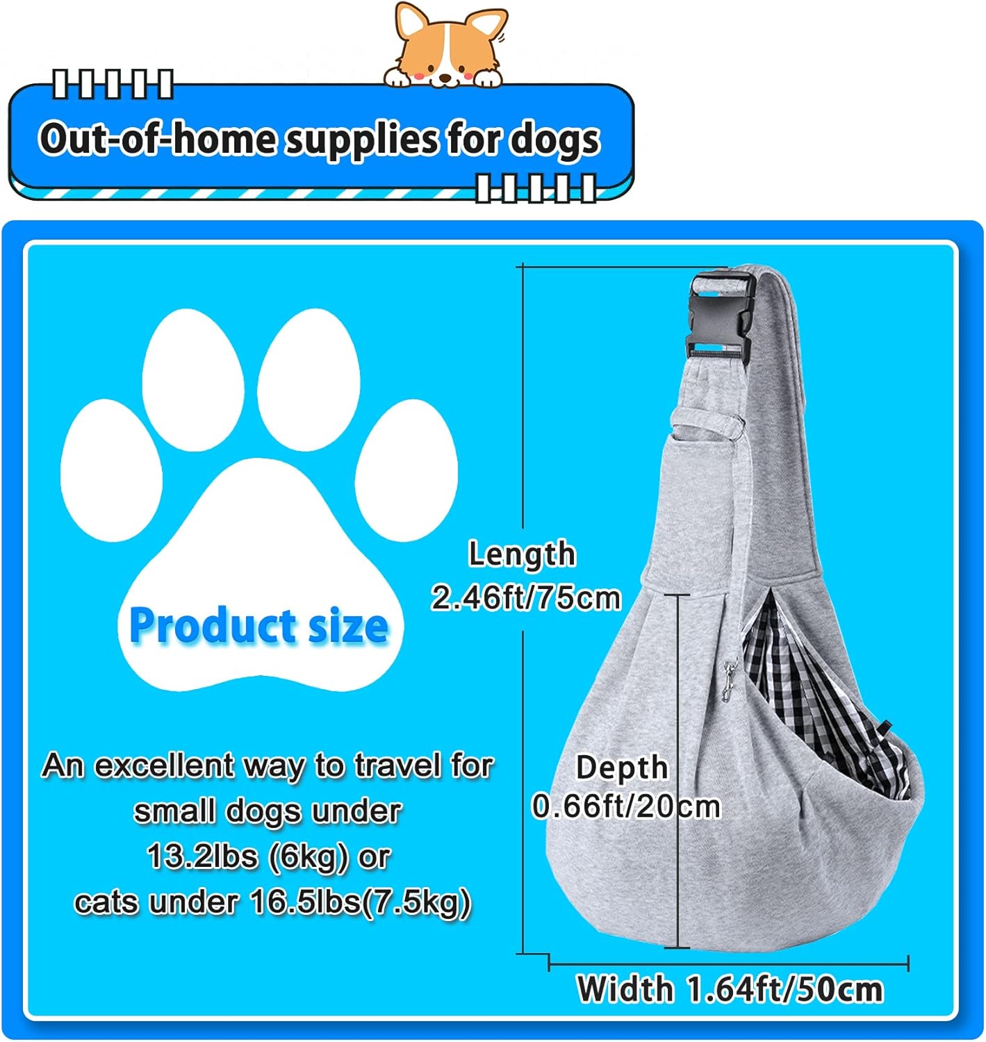 Kanemc Dog Sling Carrier for Small Dogs Cat Puppy Pets Up to 16.5lbs, Comfy Hard Bottom Support, Adjustable Padded Shoulder Strap, Hands-Free Dog Carrier Sling Bag for Outdoor Travel