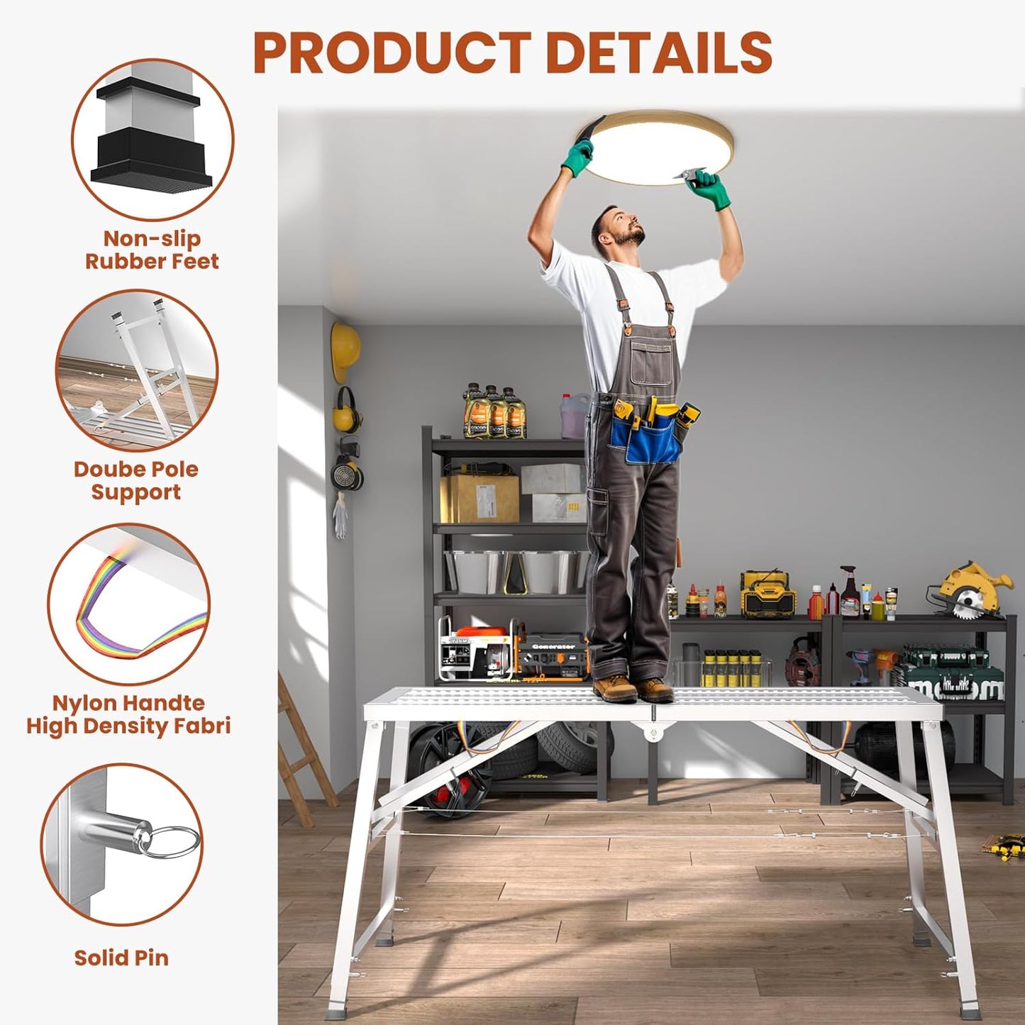 Adjustable Scaffolding Platform, 71" L x 15" W x 35"-57" H Alloy Portable Multi Purpose Work Platform with Double Rope, 800 lbs Load Capacity Folding Work Bench for Car Washing, Repairing, Painting