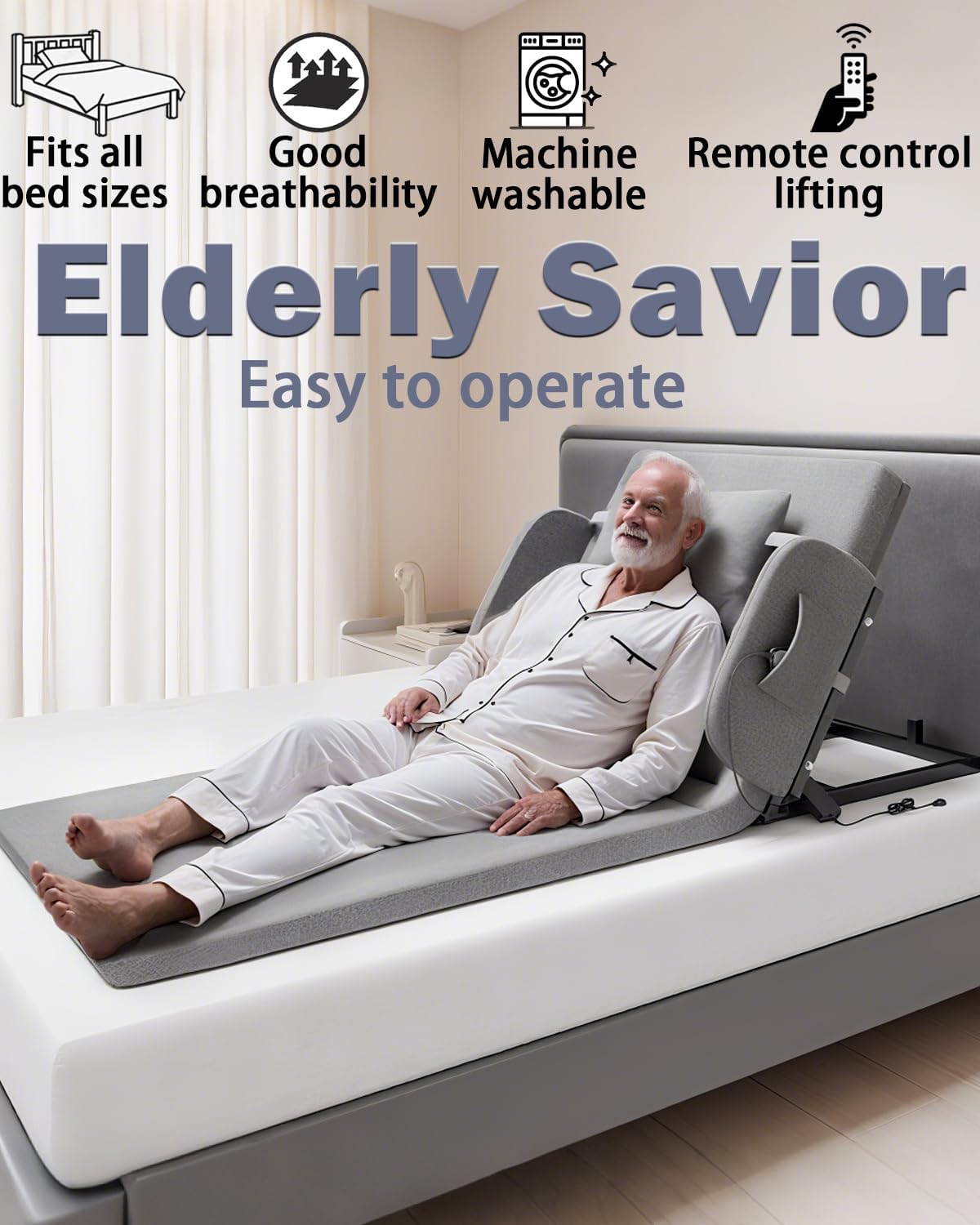Electric Bed Lifting to Get Up - Bed Assistant to Get Out of Beds, Adjustable Beds Rest Help The Elderly Patients Gets Up Easily, Load Max 330 lbs, Silent Lift 2° - 80°, with Guardrails,75 X 32 inch