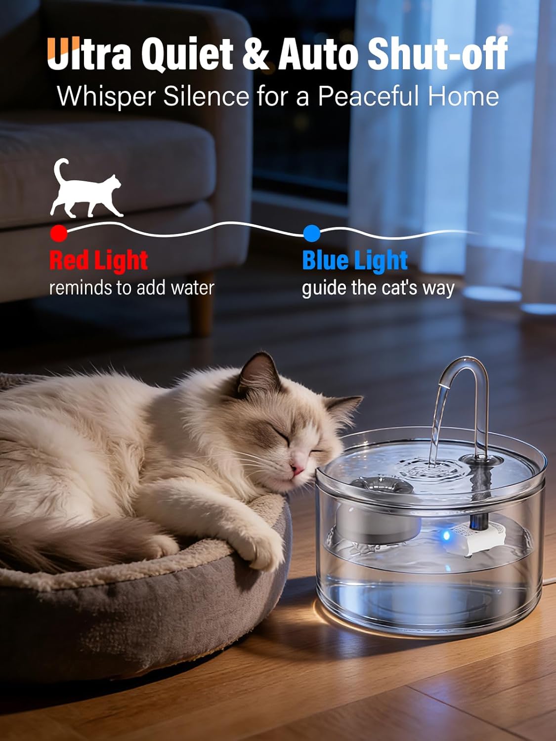 Cat Water Fountain, 74oz/2.2L Glass Automatic Water Fountain with Ultra-Quiet Auto Shut-Off Pump, Easy to Clean Pet Water Dispenser for Cats, Kittens Indoor (with 8 Filters)