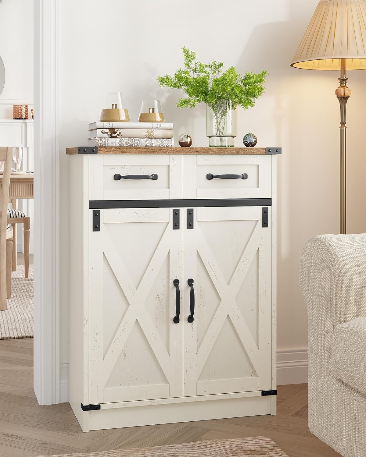 Bathroom Storage Cabinet, Freestanding Bathroom Floor Cabinet with Drawers & Doors, Farmhouse Buffet Cabinets with Adjustable Shelf, for Kitchen, Living Room, Entryway, White Brown SC62414X