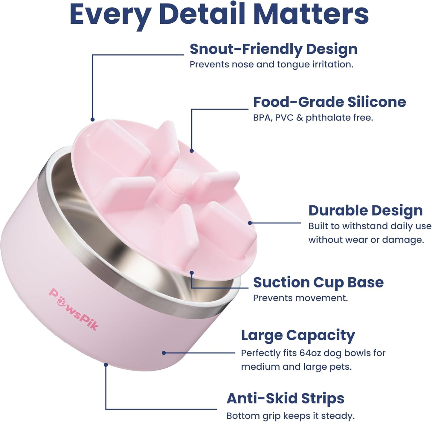 PawsPik 64oz 18/8 Stainless Steel Slow Feeder Dog Bowl, Double-Wall Non-Slip Metal Dog Bowl for Fast Eating Medium & Large Breeds, Detachable Slow Feeder Insert, Dishwasher Safe (Cherry Blossom Pink)