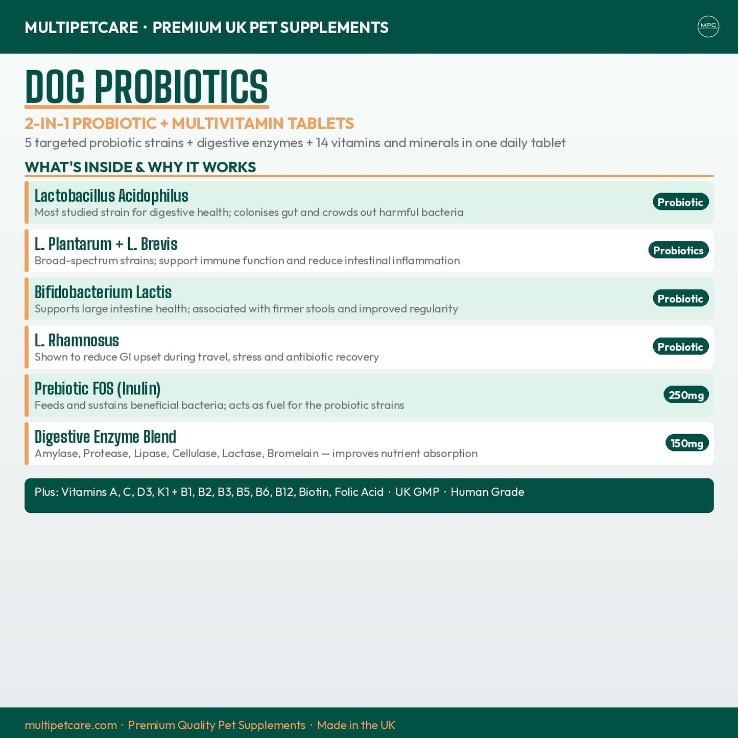Dog Probiotics | 5-Strain 2 Billion CFU + Digestive Enzymes | Firm Stools, Less Gas & Bloating | Prebiotic Inulin + Full B-Complex Vitamins | Chicken Flavour Tablets | UK GMP | 120 Count