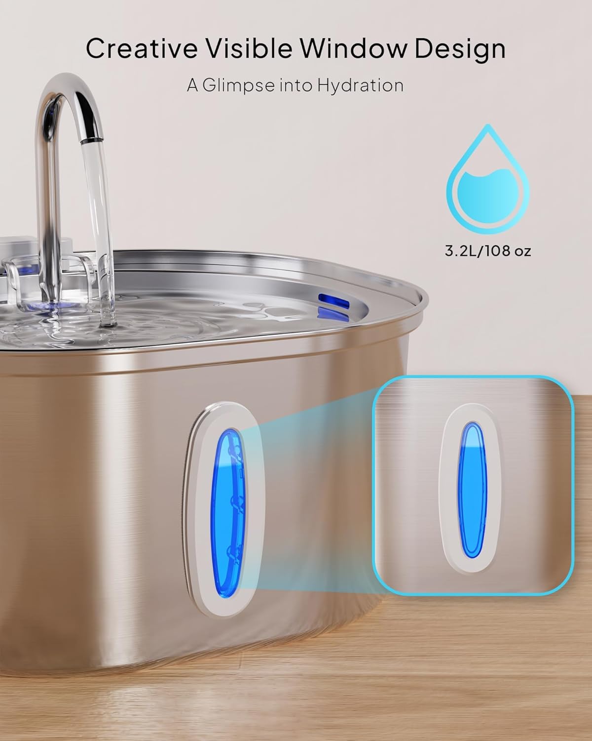 PEKTACO Stainless Steel Cat Water Fountain, 3.2L/108oz Cat Water Dispenser with Quiet Water Pump, Dishwasher Safe Pet Drinking Fountain for Cats