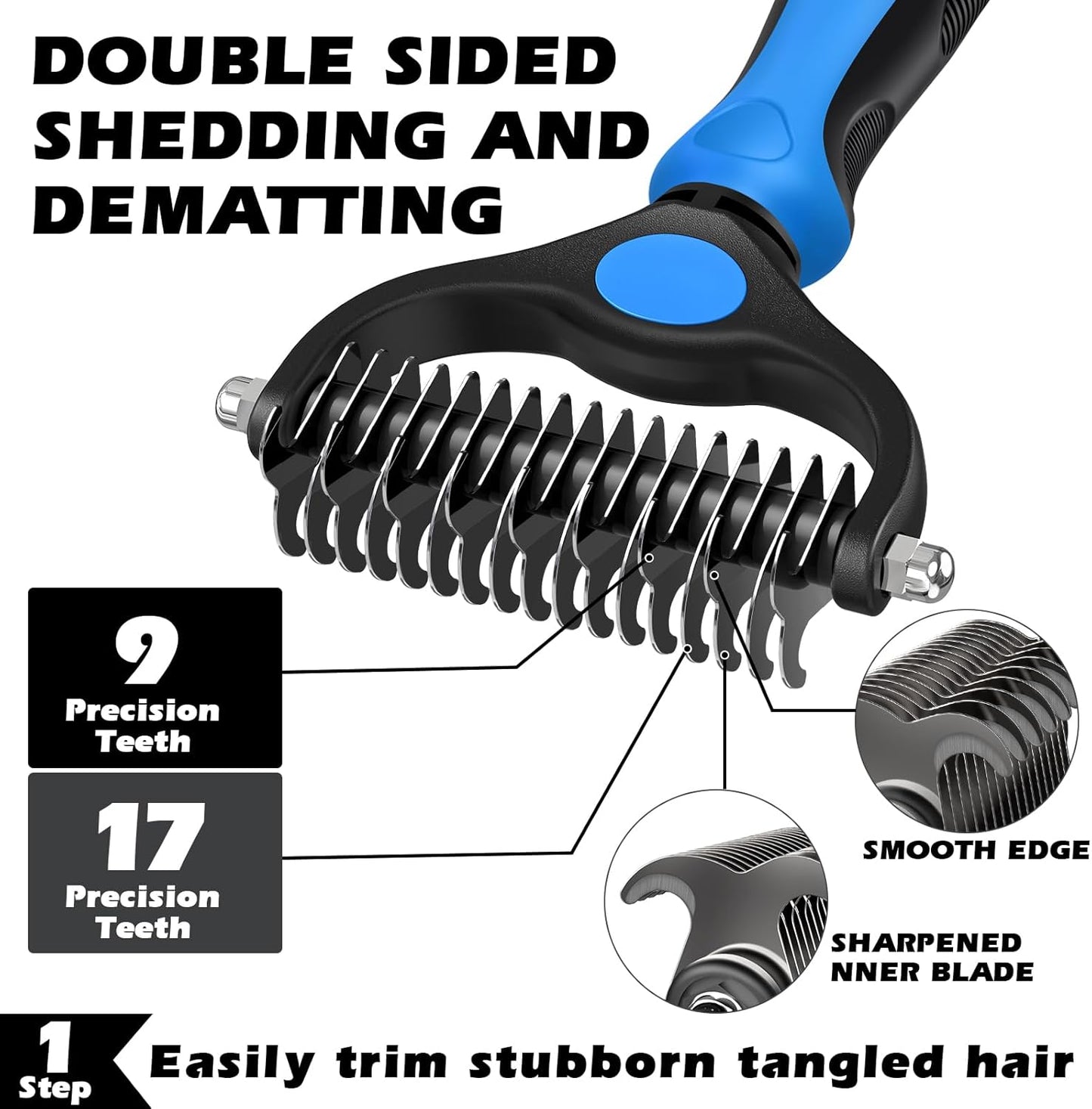 3PCS Self Cleaning Slicker Brush & Pet Grooming Rake & Flea Comb for Dogs, Cats and Horses | Double-Sided Dematting Comb & Skin Friendly Deshedding Grooming Tool | Premium Pet Supplies (Blue)
