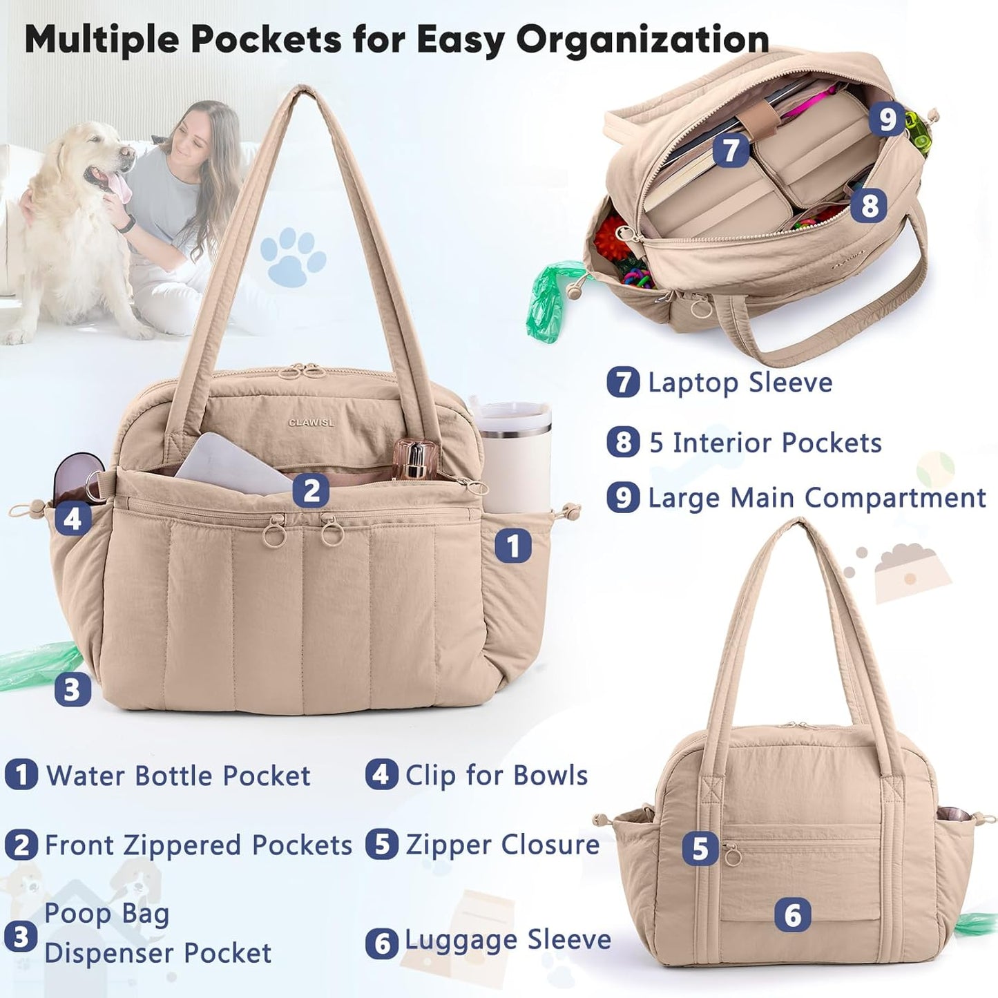 Dog Travel Bag for Supplies, Airline Approved Pet Travel Organizer with 2 Food Containers & Collapsible Bowls, Large Capacity Dogs Tote Bag for Weekend, Stylish Dog Mom Gift for Pet Lovers