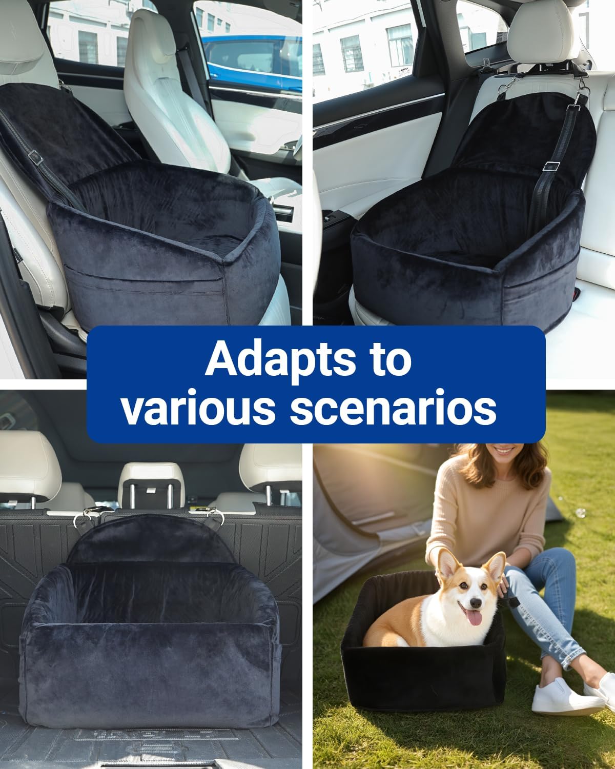 Dog Car Seat for Small Medium Dogs, Dog Booster Seat with Extendable Backrest, Pet Portable Car Seats up to 30 lbs, Washable Travel Bed with Storage Pockets and 2 Safety Leashes, Black