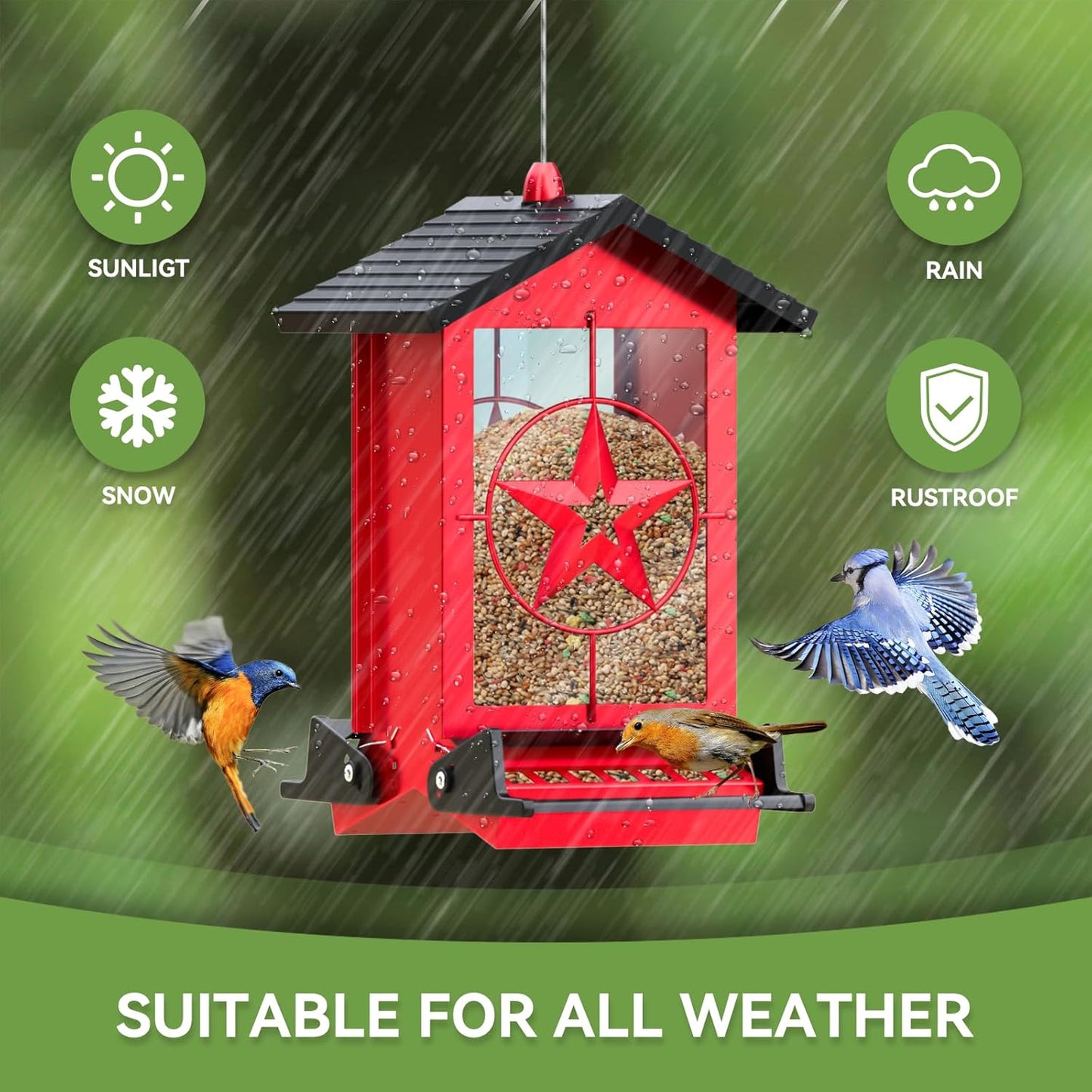 Squirrel Proof Bird Feeders for Outdoors With Weight-Activated, Metal 5LB Large Wild Bird Feeders for Cardinals,Blue jay,Finch, Weatherproof Durable Hanging Bird Feeder for Backyard,Garden,Patio - Red