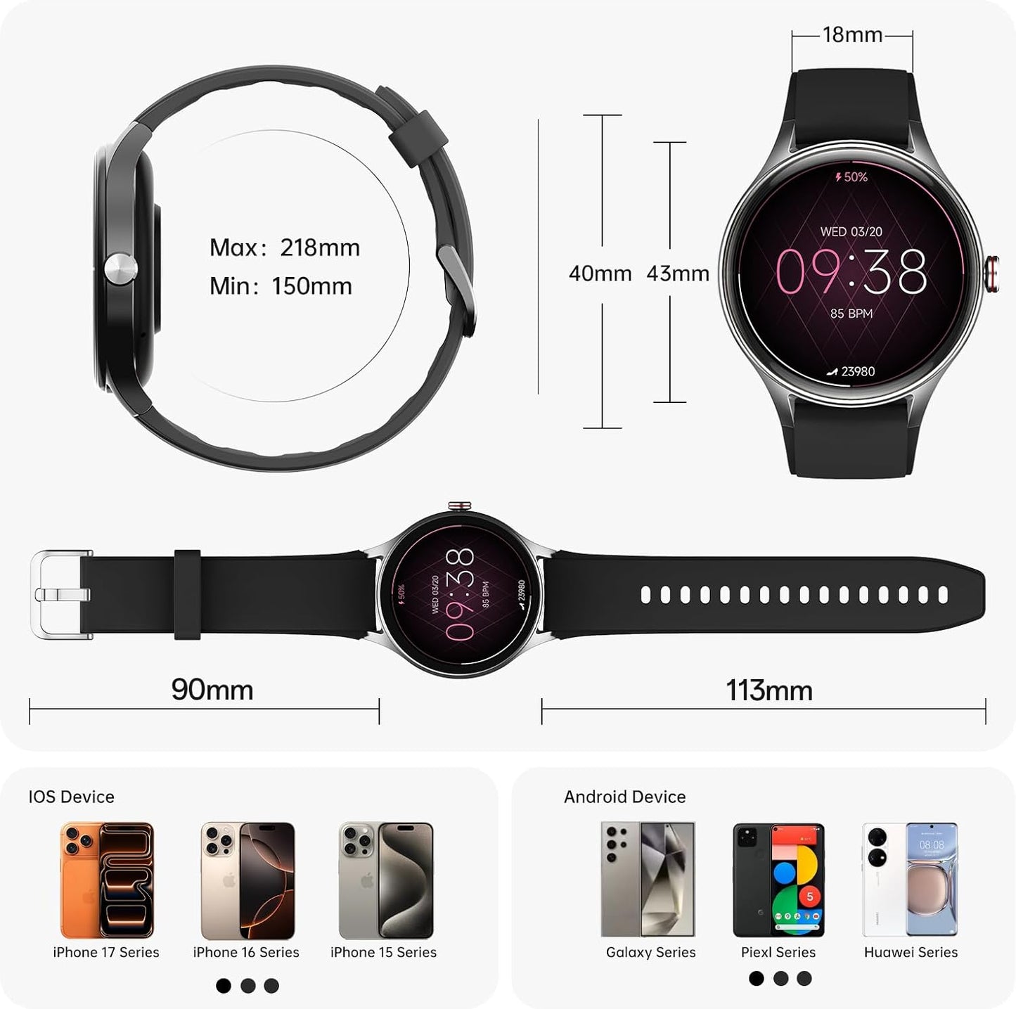Smart Watch for Men,1.57inch AMOLED Touchscreen Fitness Watch for iPhone & Android,Heart Rate/Sp02/Sleep Monitor,110+ Sport Modes IP68 Waterproof Bluetooth Calls,2 Bands (Black, 1.57)
