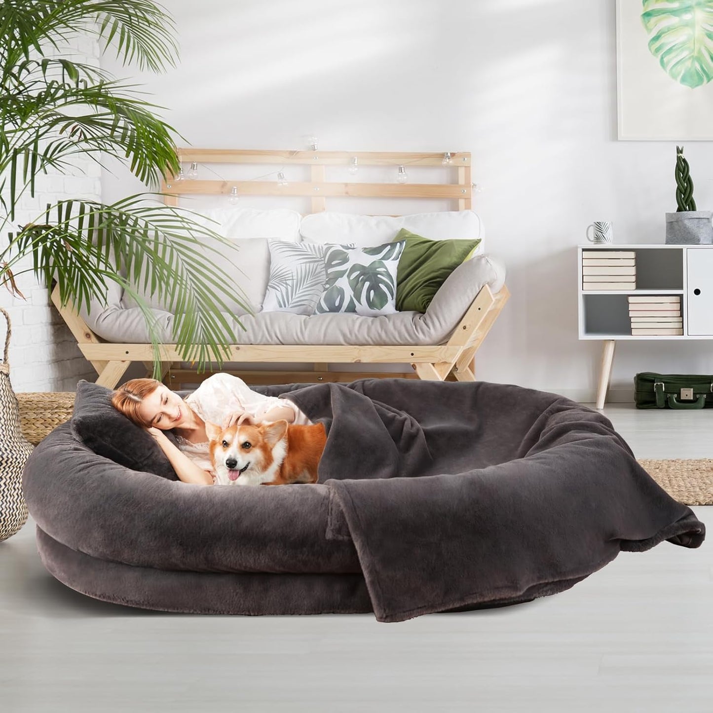 Human Dog Bed for Adults, 73"x56"x12" Washable Orthopedic Size, Faux Fur Removable, Cozy Large Present with Blanket and Pillow, Dark Grey