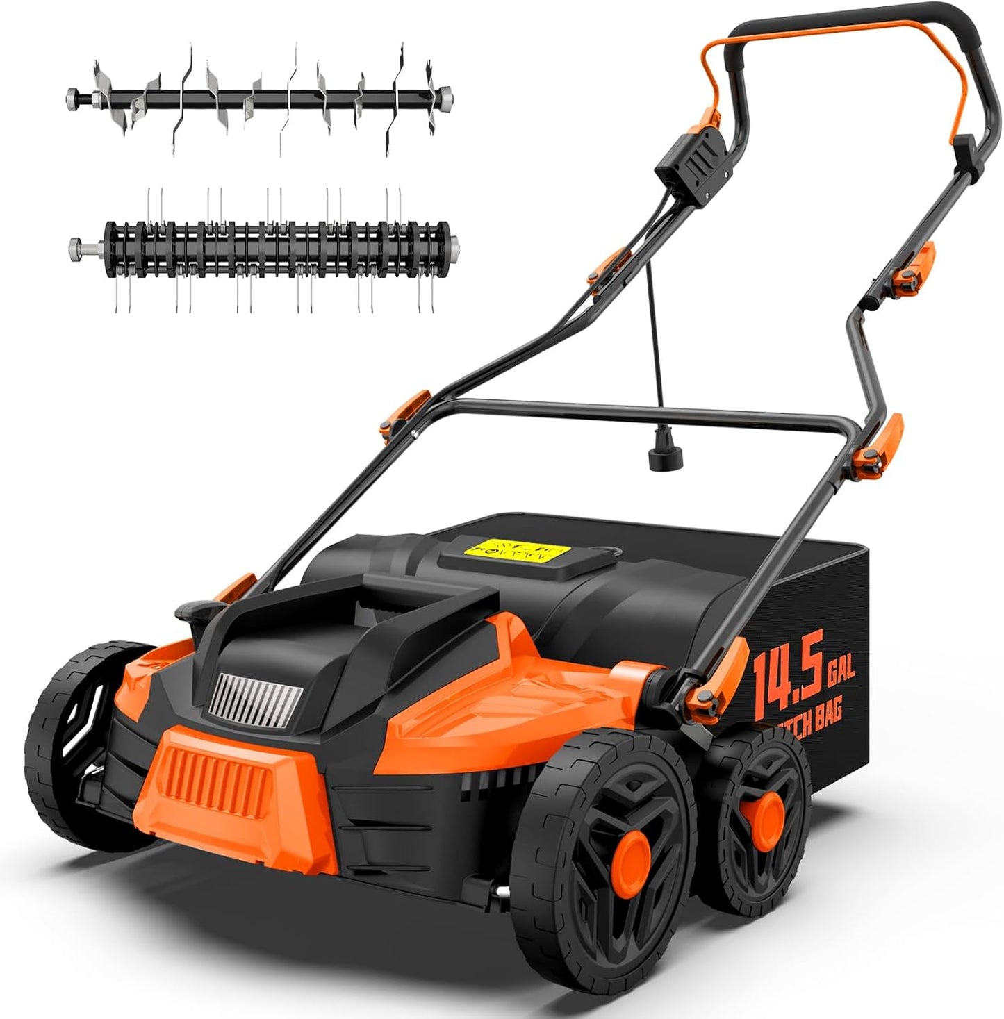 16-Inch 15.5 Amp 2-in-1 Electric Dethatcher and Scarifier with 14.5-Gallon Collection Bag, Lawn Dethatcher with 5-Position Depth Adjustment, Quick-Fold, Keeps Lawn Healthy - Blaze Orange
