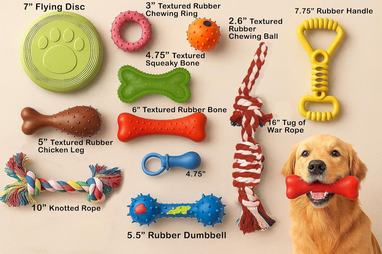 Jalousie Chew Toy Natural Rubber chew Toy for Interactive Play Toy Ball Rope Rubber Value Set for Small to Medium Breed Dog mutt Puppy