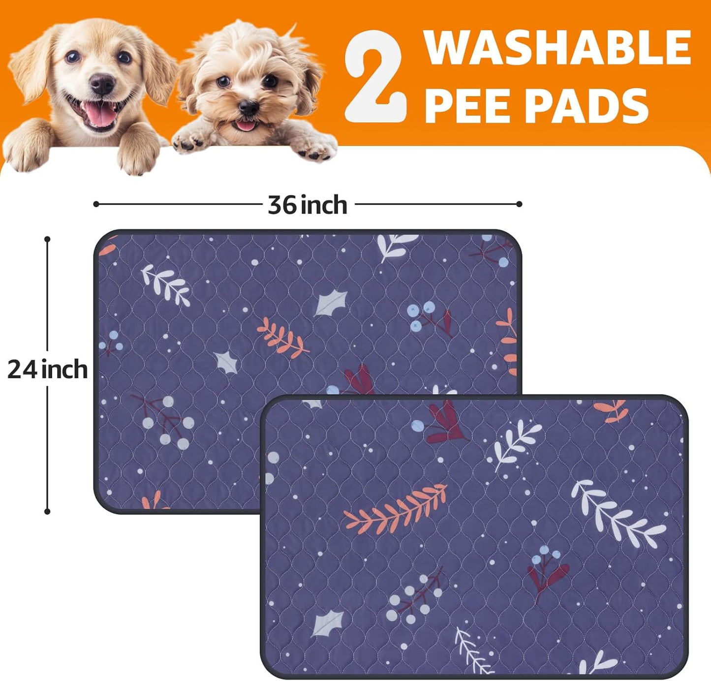 LOOBANI Reusable Pee Pads for Dogs: 2 Pack Washable Puppy Training Pads 24" x 36", Waterproof Dog Pee Pads Non-Slip, Absorbent Dog Whelping Pad for Playpen, Crate, Floor, Sofa, Purple