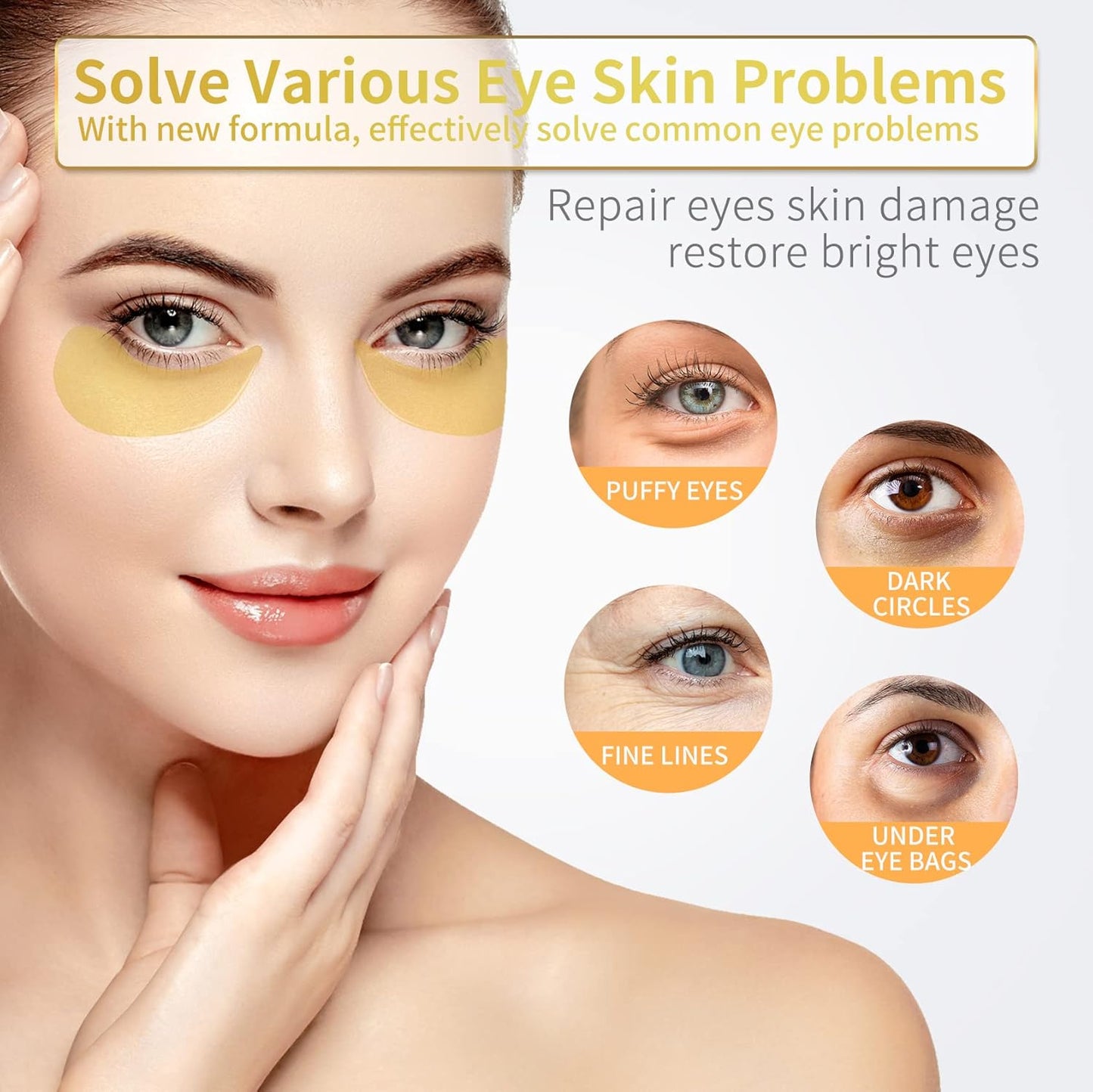 24K Gold Under Eye Patches - 60 Pack for Puffy Eyes, Dark Circles, Bags & Wrinkles with Collagen & Hyaluronic Acid - Eye Care Pads for Daily Skincare (Gold)
