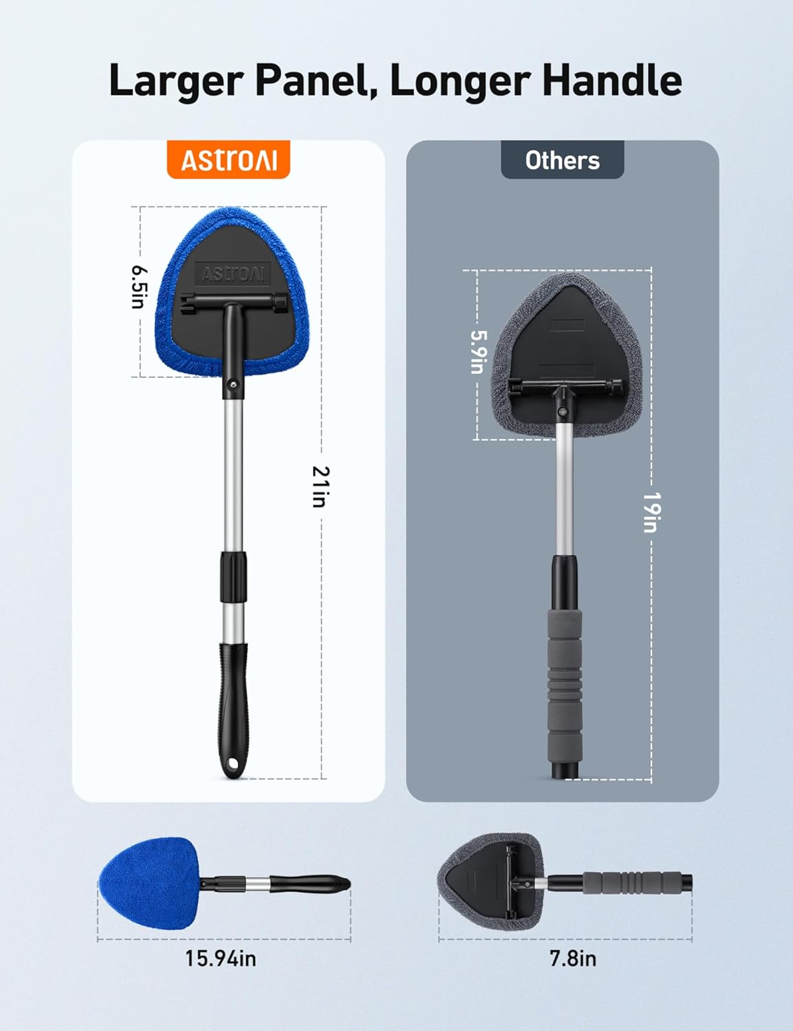 AstroAI Windshield Cleaner Tool, Car Interior Window Detailing Cleaning Kit with Extendable Handle and 4 Easy-to-Install Reusable Microfiber Pads, Auto Glass Wiper Brush Kit for Car&Home, Blue, 21in