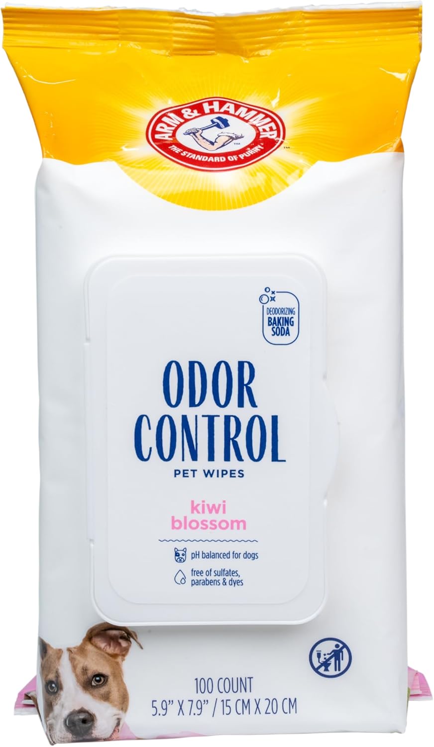 Arm & Hammer for Pets Odor Control Dog Wipes, Deodorizing Wipes with Baking Soda for Dogs Between Baths, Gentle Cleaning Pet Grooming Wipes for Everyday Freshness, Kiwi Blossom Scent, 100 Count