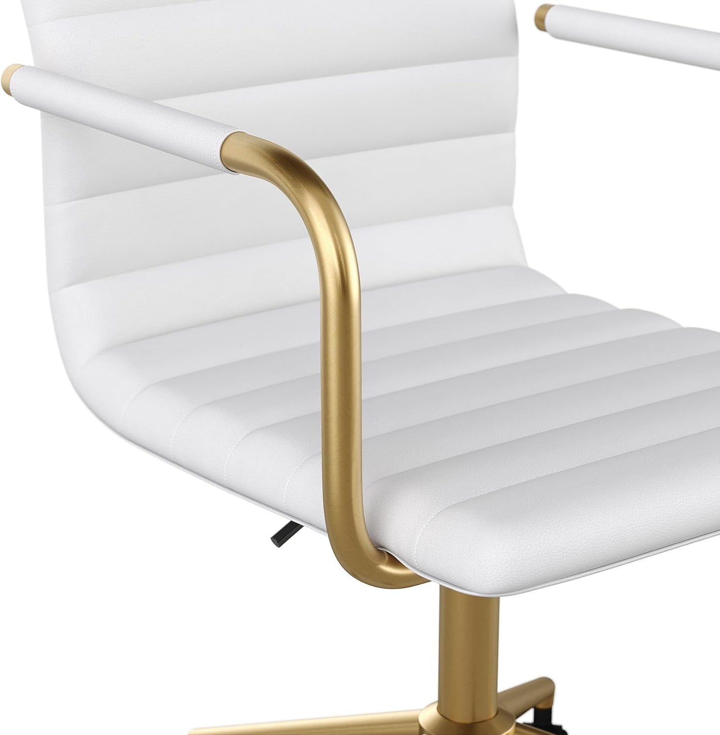 Martha Stewart Taytum Swivel Task Chair with Armrests for Home Office in White Faux Leather with Polished Brass Frame