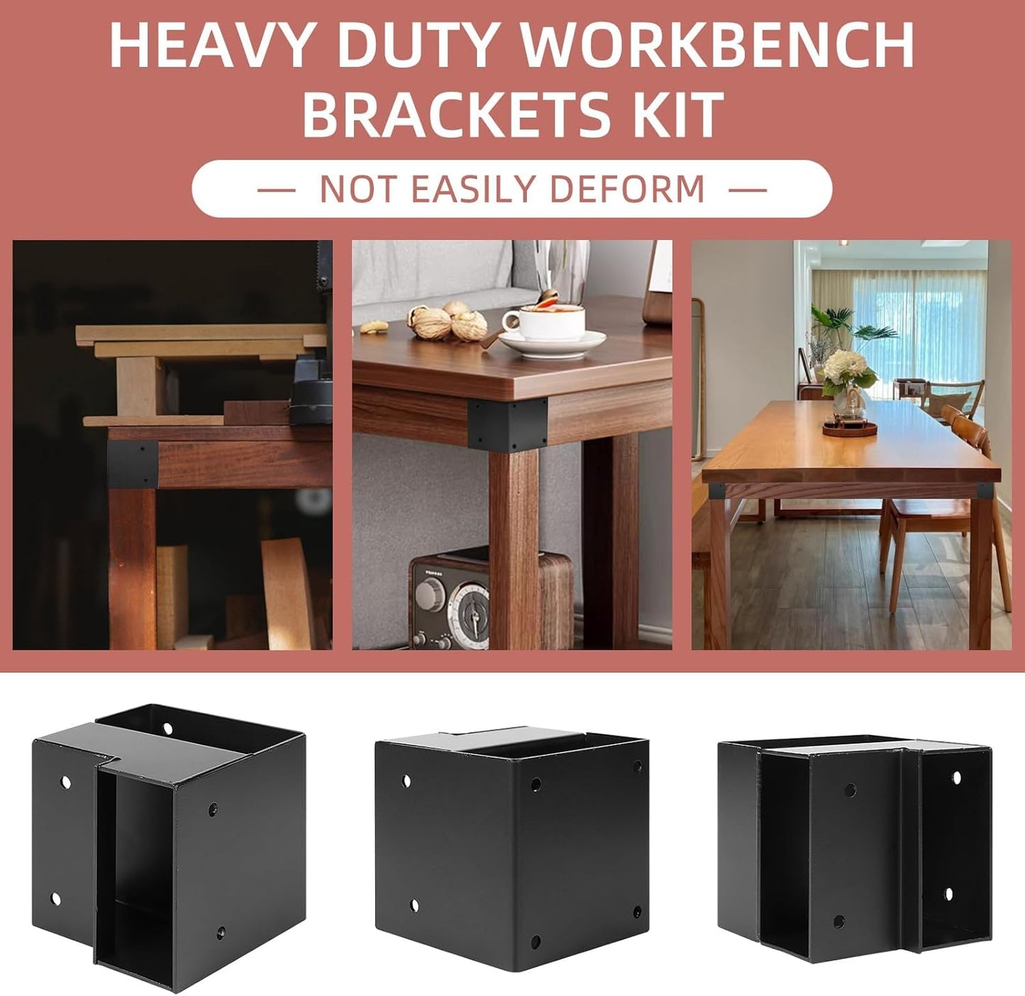 Workbench Bracket Kit, Heavy Duty Steel Workbench Kit for 2x4 (Actual 1.5"x3.5") Wood, 3-Way Right Angle Corner Bracket for Custom Work Bench Table Shelving - 8 Pcs Black