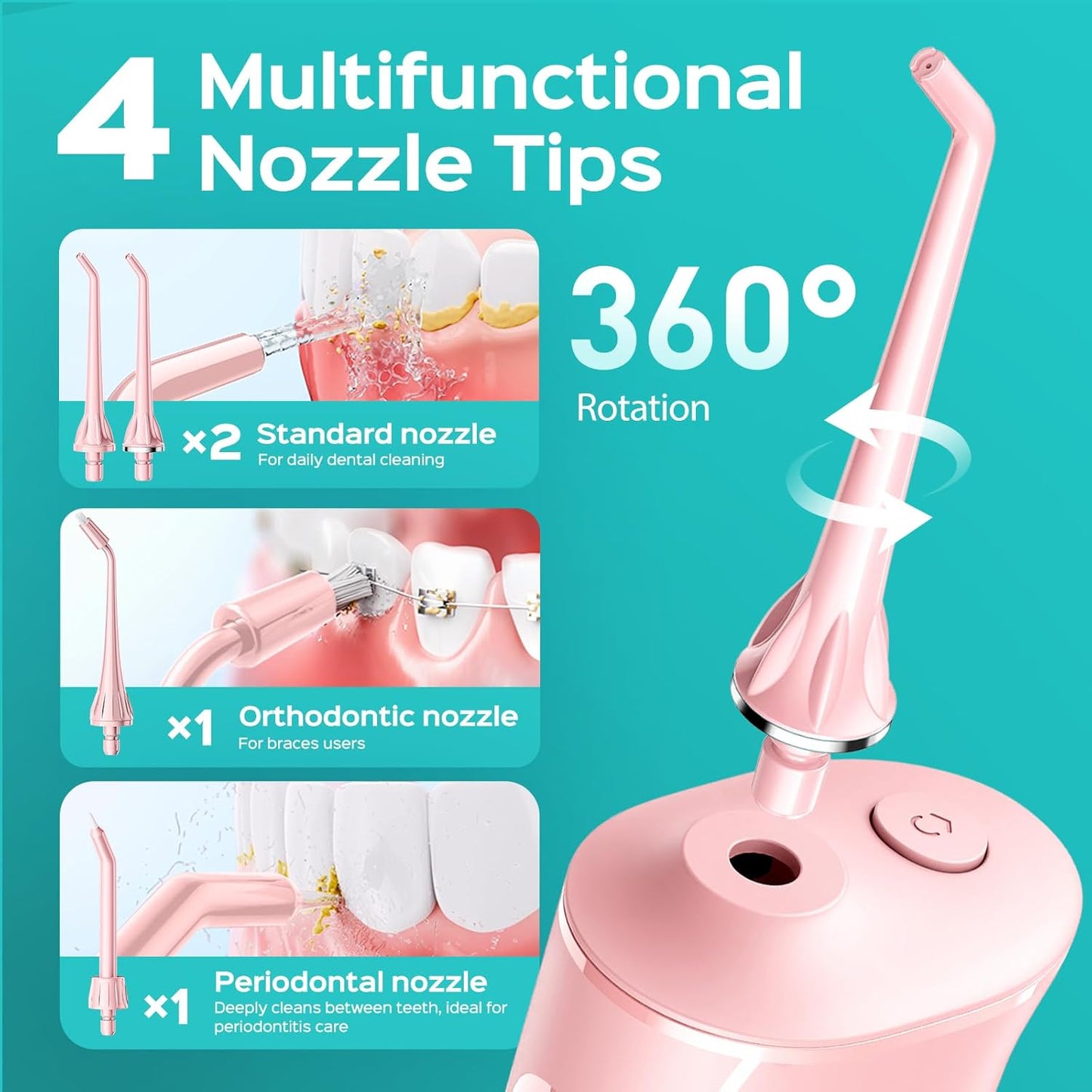 COSLUS C50 Portable Water Flosser for Teeth: 4 Modes & 5 Intensity Levels Professional Electric Dental Pick for Sensitive Gums, Braces & Orthodontic - Cordless for Travel Use, BPA-Free