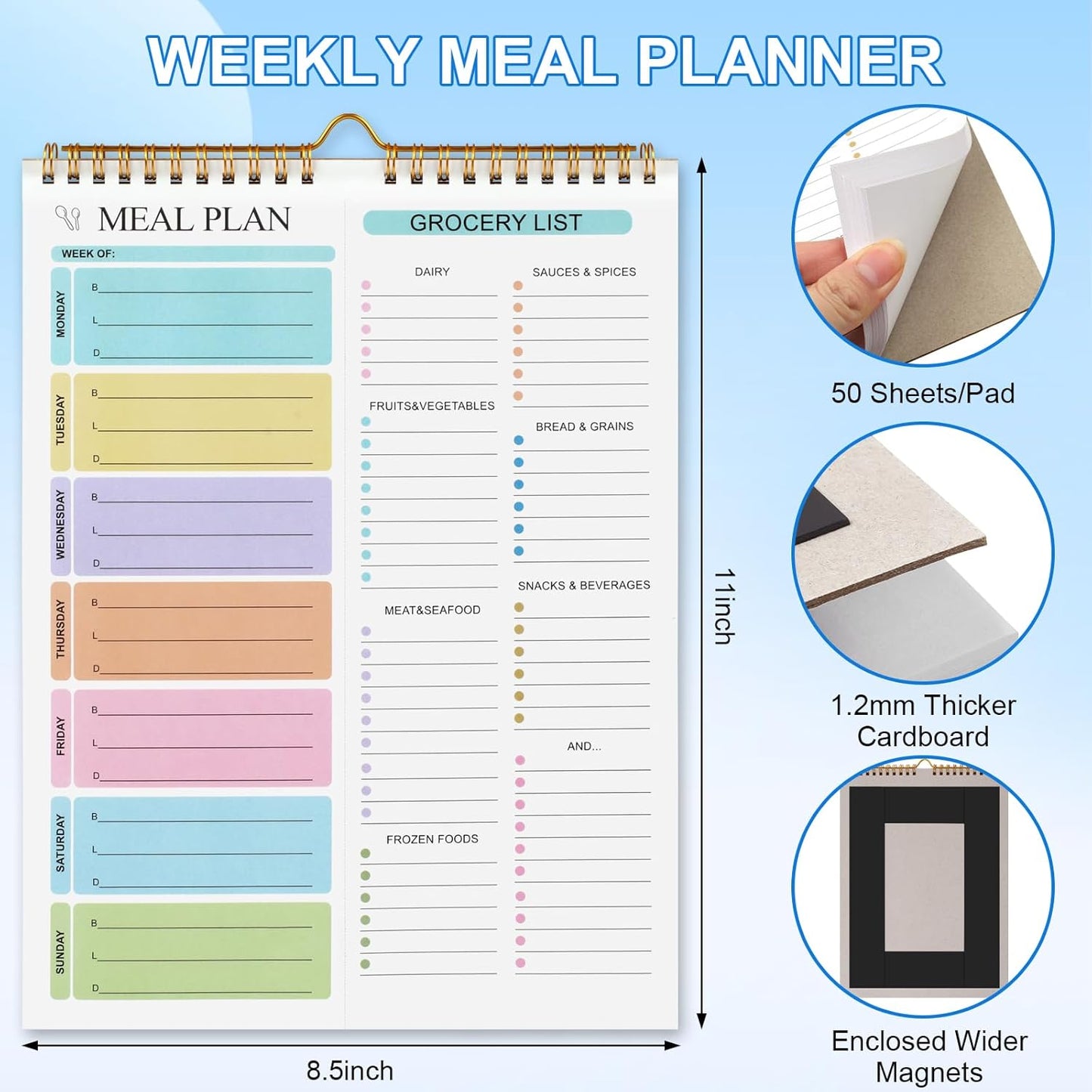 Joyberg Weekly Meal Planner Notebook 8.5x11”, 50 Sheets Weekly Meal Planner Magnetic, Double Helix Meal Planner and Grocery List, Wall-Mountable Menu Planner for Fridge Notepad for Daily & Plan