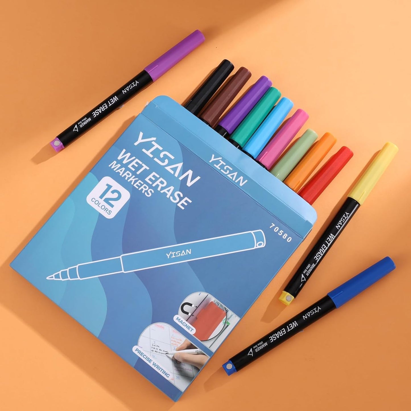 YISAN Ultra Fine Tip Magnetic Wet Erase Markers, 0.7mm Low Odor, 12 Assorted Colors for Whiteboard Use in Office, Home or Planning Board,70580
