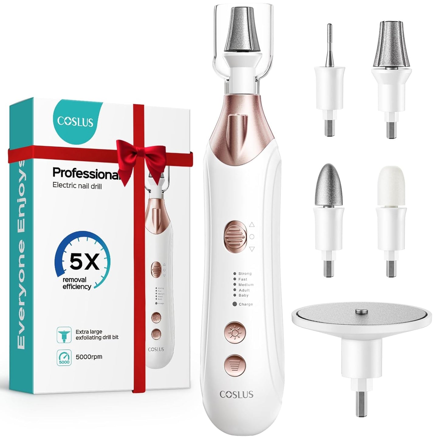 COSLUS C43 Professional Manicure Pedicure Kit, 5-in-1 Electric Nail File for Toenail Hand Feet Care - Wider Grinder for Thick Nails, Cordless, 5 Speed, for Men Women Seniors Home Salon, White (END10)