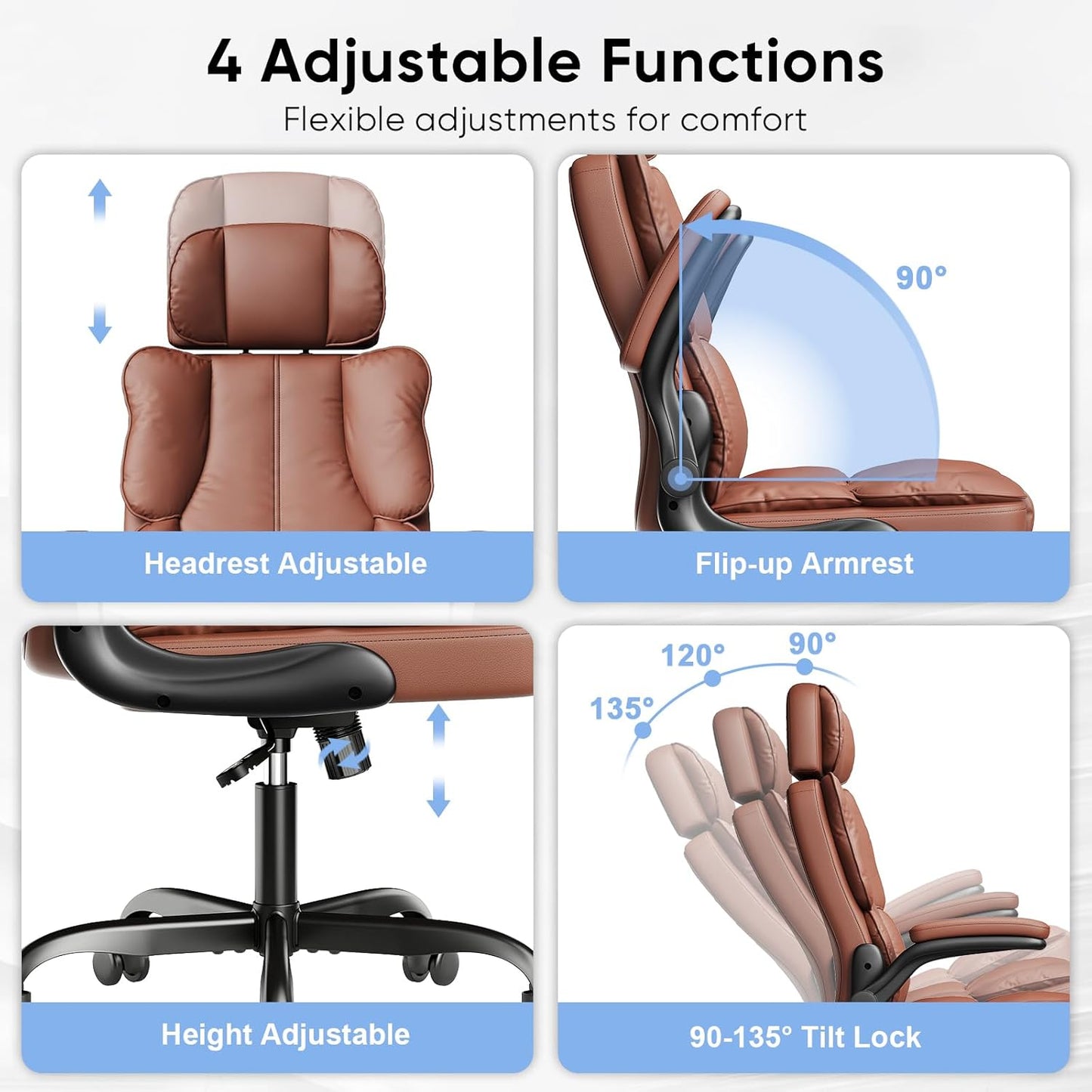 Executive PU Leather Office Chair, Computer Chair with Thick Cushion & Lumbar Support, Ergonomic Desk Chair with Adjustable Headrest & Armrests,Brown
