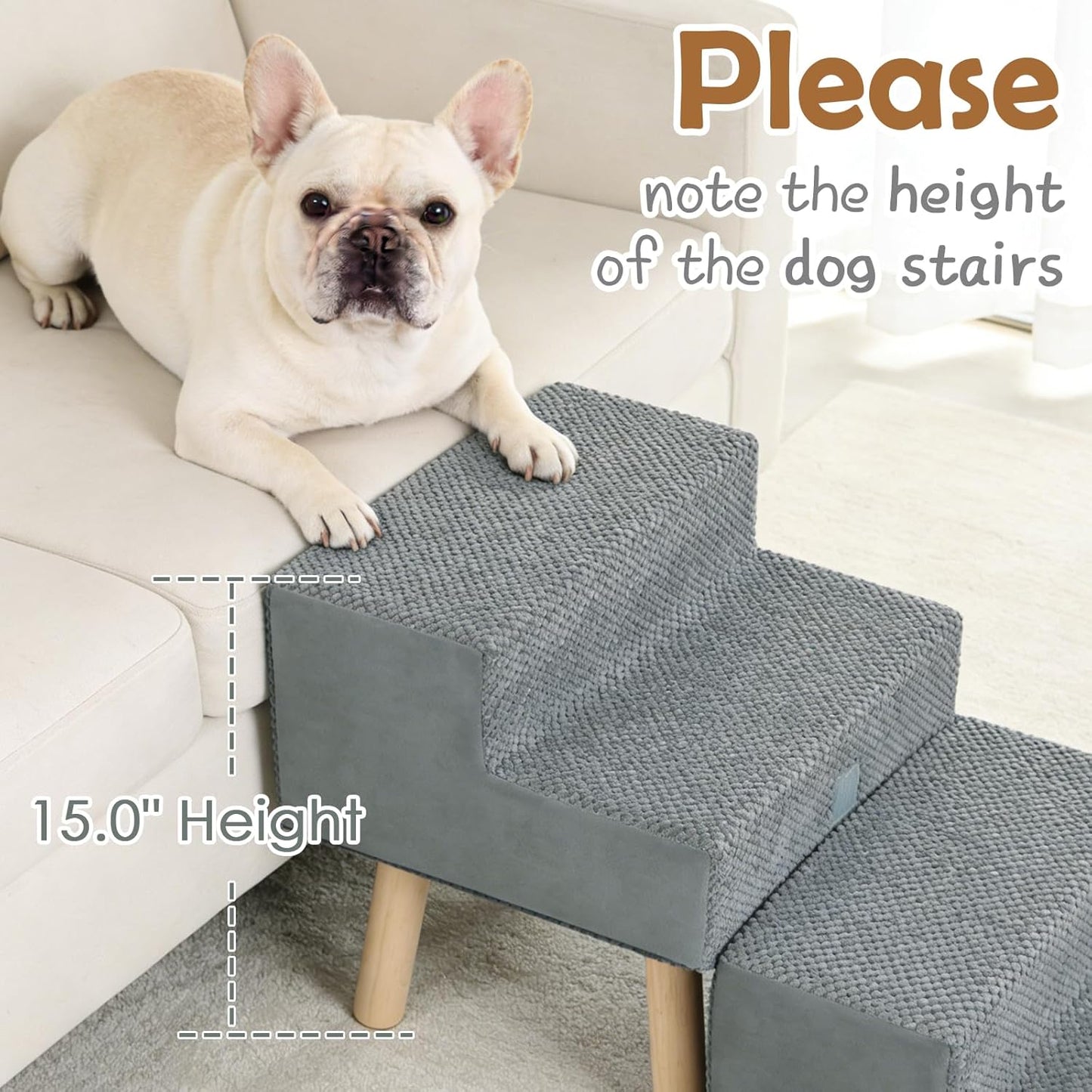 4-Step Dog Stairs for Small Dogs and Cats, 2-in-1 Foldable Wooden Dog Ramp for Couch Bed Sofa with Non-Slip Mat & Side Pockets, Split Ottoman Design, Grey