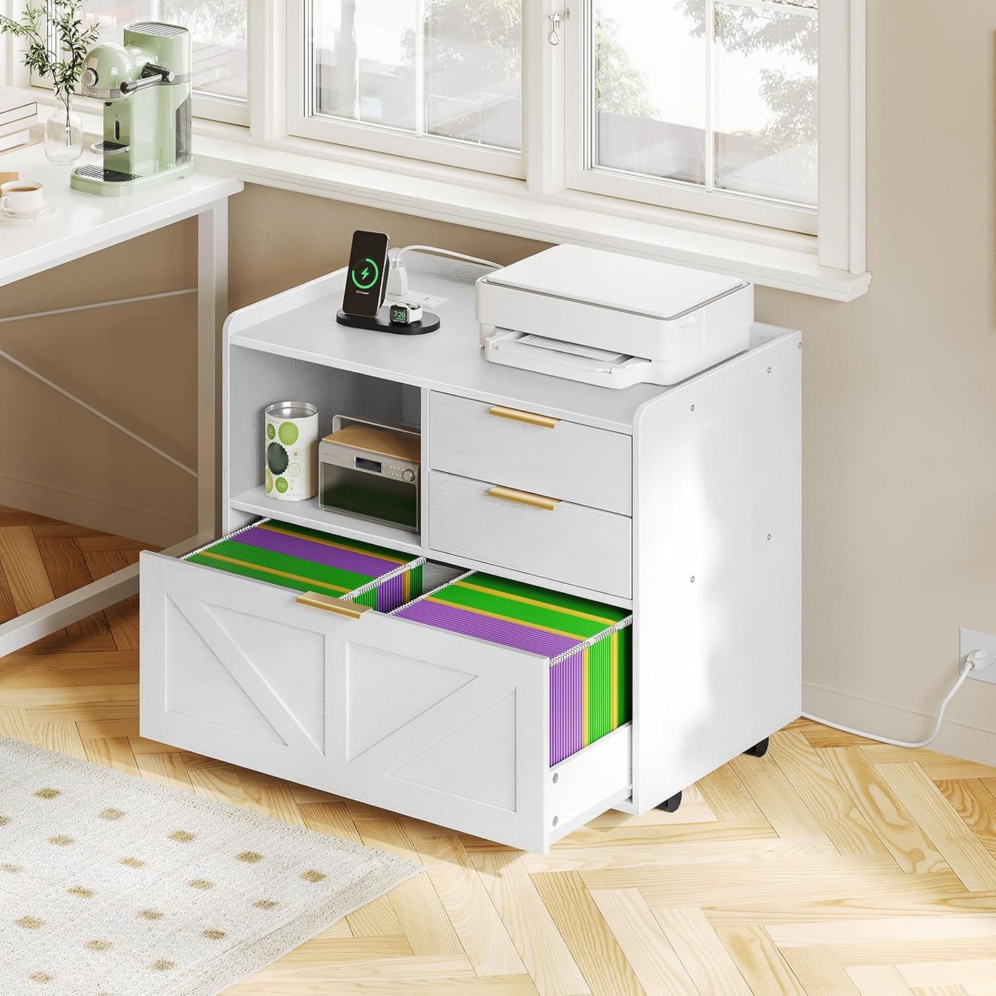 HOOBRO Lateral File Cabinet, Wooden Office Storage Drawers with Charging Station, Filing Cabinet for Home Office, A4/Letter/Legal-Sized Files, Printer Stand with Open Storage Spaces, White WT37UWJ01
