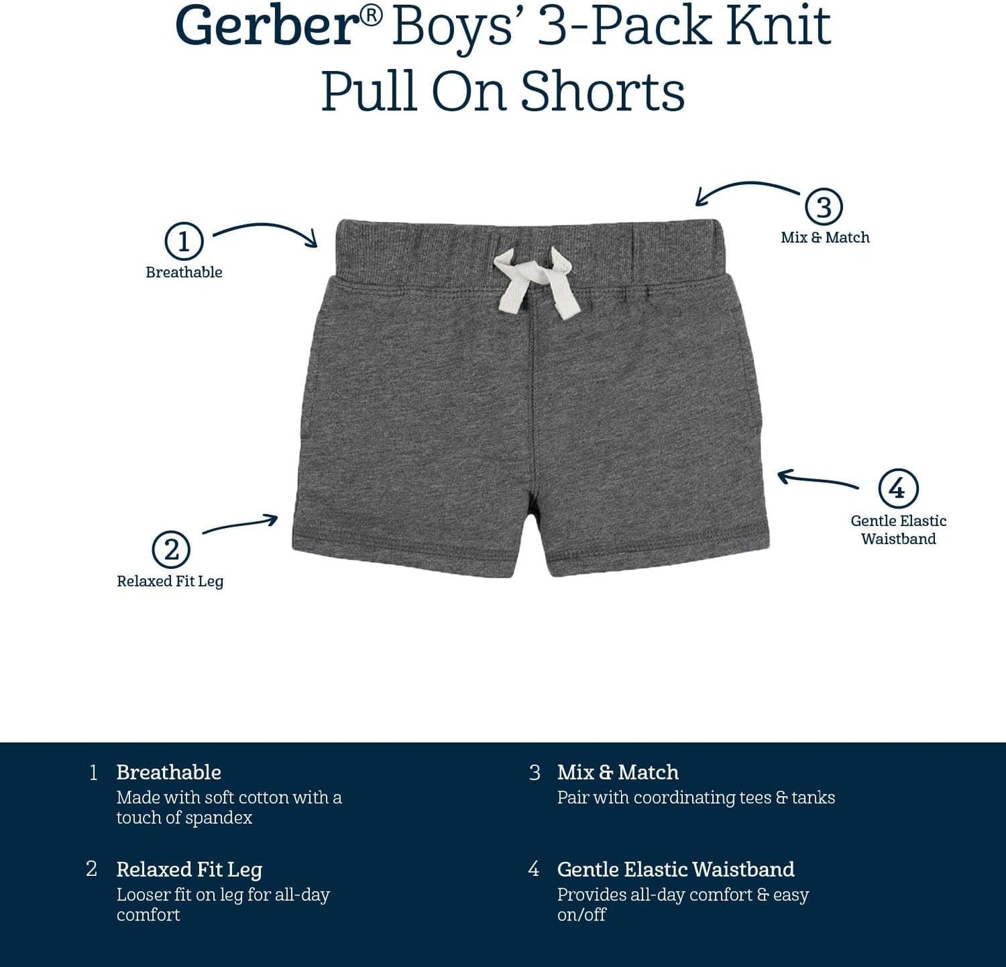 Gerber Baby Boys' Toddler 3-Pack Pull-on Knit Shorts