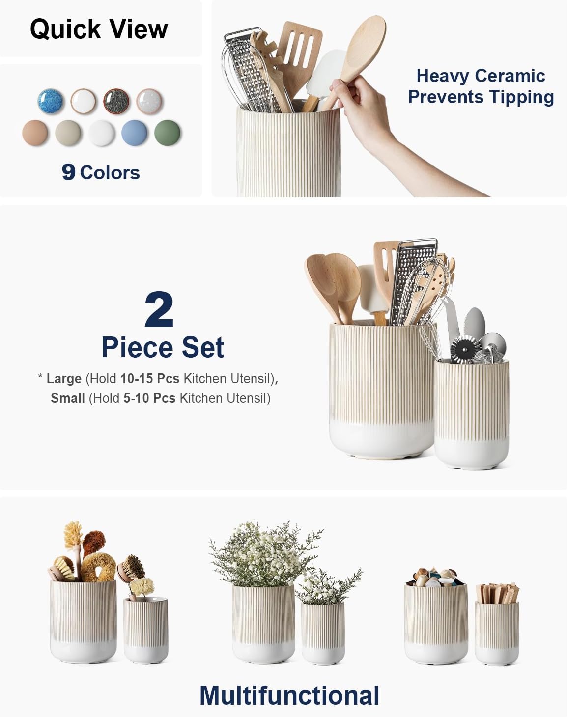 LE TAUCI Utensil Holder for Kitchen Counter, 7.3"+5.4" Fluted Ceramic Utensil Crock Organizer for Countertop, Heavy Large Holder for Spatulas, Spoons, Set of 2, Warm White Glaze