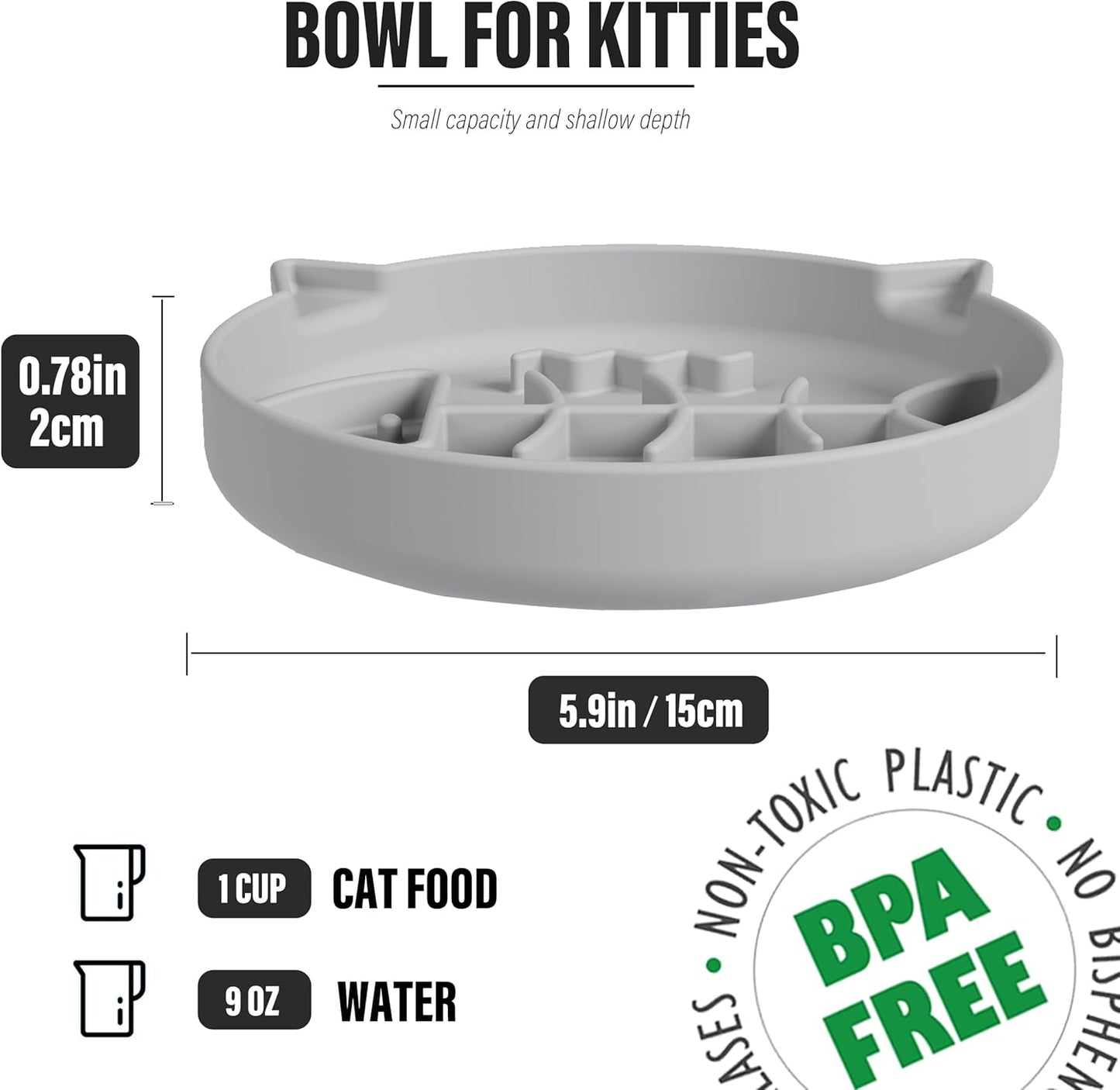 Silicone Cat Slow Feeder Bowl with Suction Cups - Interactive Puzzle Toy to Reduce Overeating in Kitty(Gray, 1 Cup)