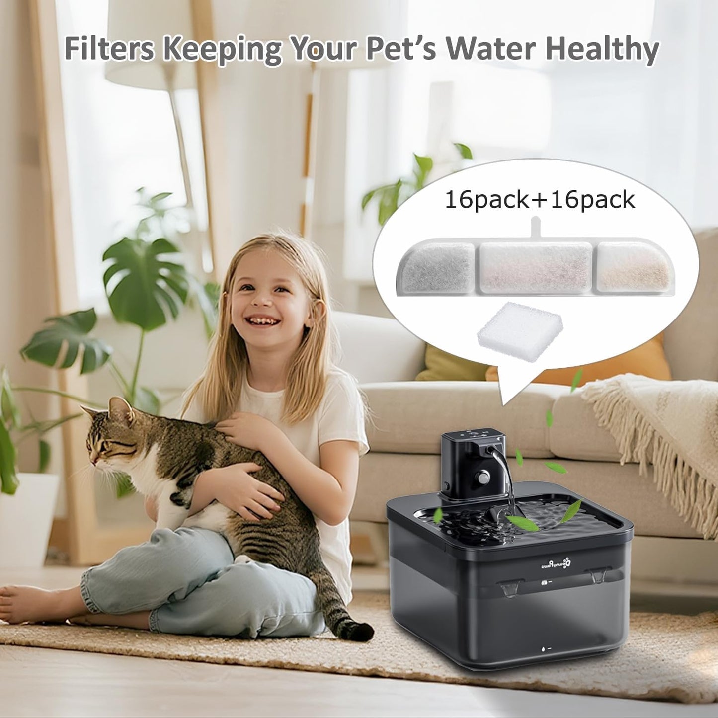 16 Packs Replacement Filters Compatible with Fursink Pet Water Fountain, Filter Replacement for Downy Paws 84oz/2.5L Wireless Cat Water Fountain DPWFP6 with 16 Pump Sponges and 1 Hard Brush