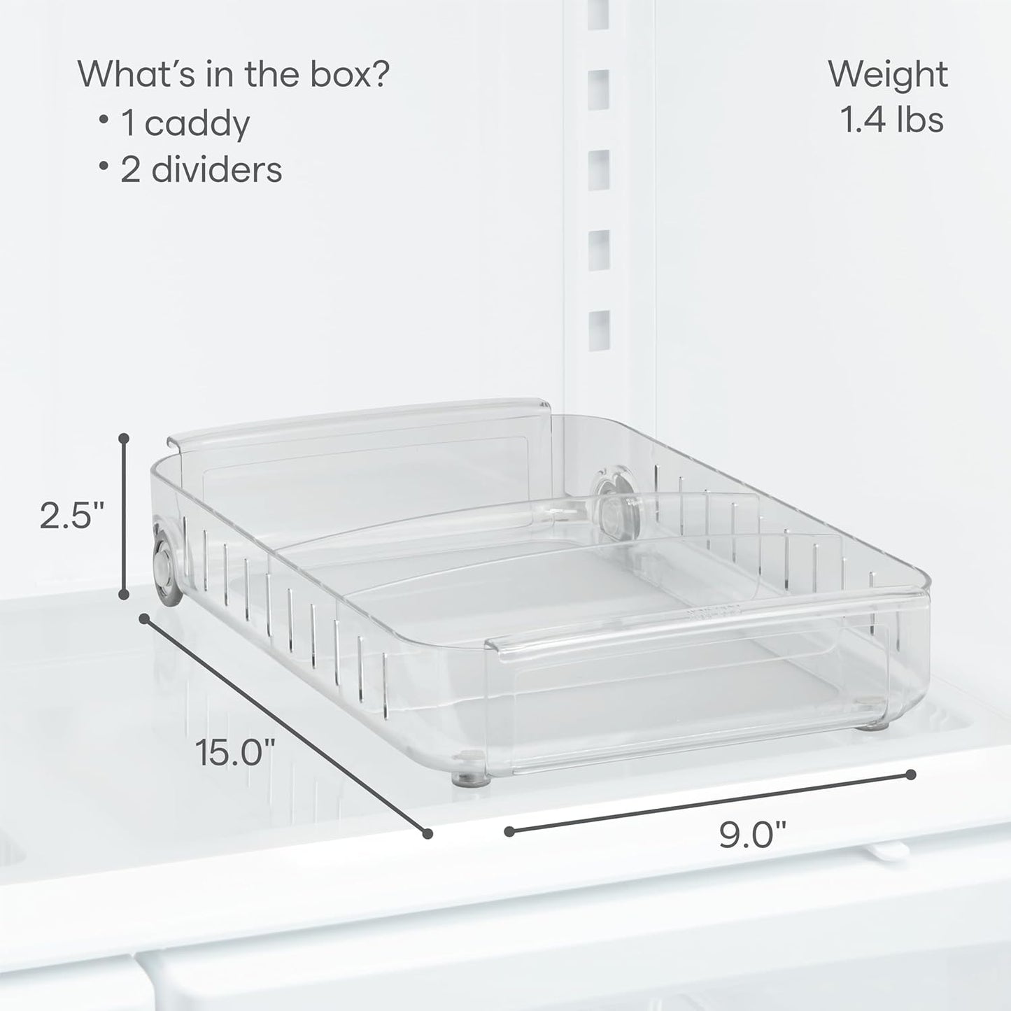 YouCopia RollOut Fridge Caddy BPA-Free Clear Rolling Refrigerator Organizer Bin with Adjustable Dividers and Handles, 9" Wide