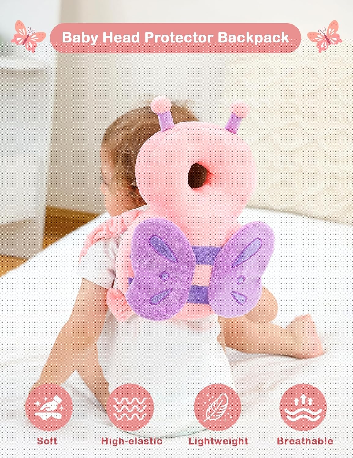 JunNeng Baby Head Protector Backpack, Toddler Walking Fall Head Protection, Pink Butterfly
