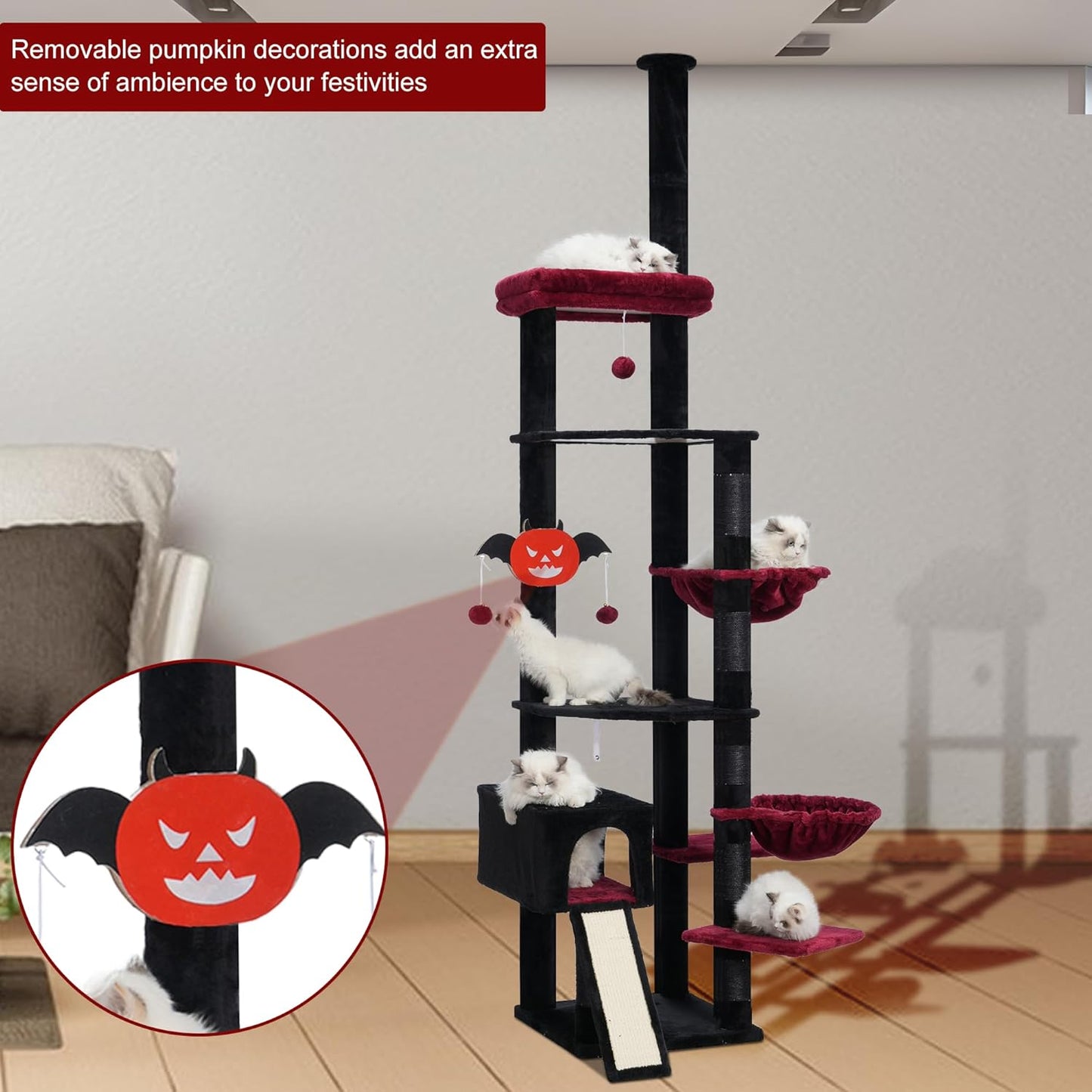 Heybly Cat Tree 92.5-104.3 Inches with Hammock, Floor to Ceiling Gothic Cat Condo, Tall Cat Climbing Tower Adjustable with Scratching Posts for Indoor Cats, Black and Red HCT091BR