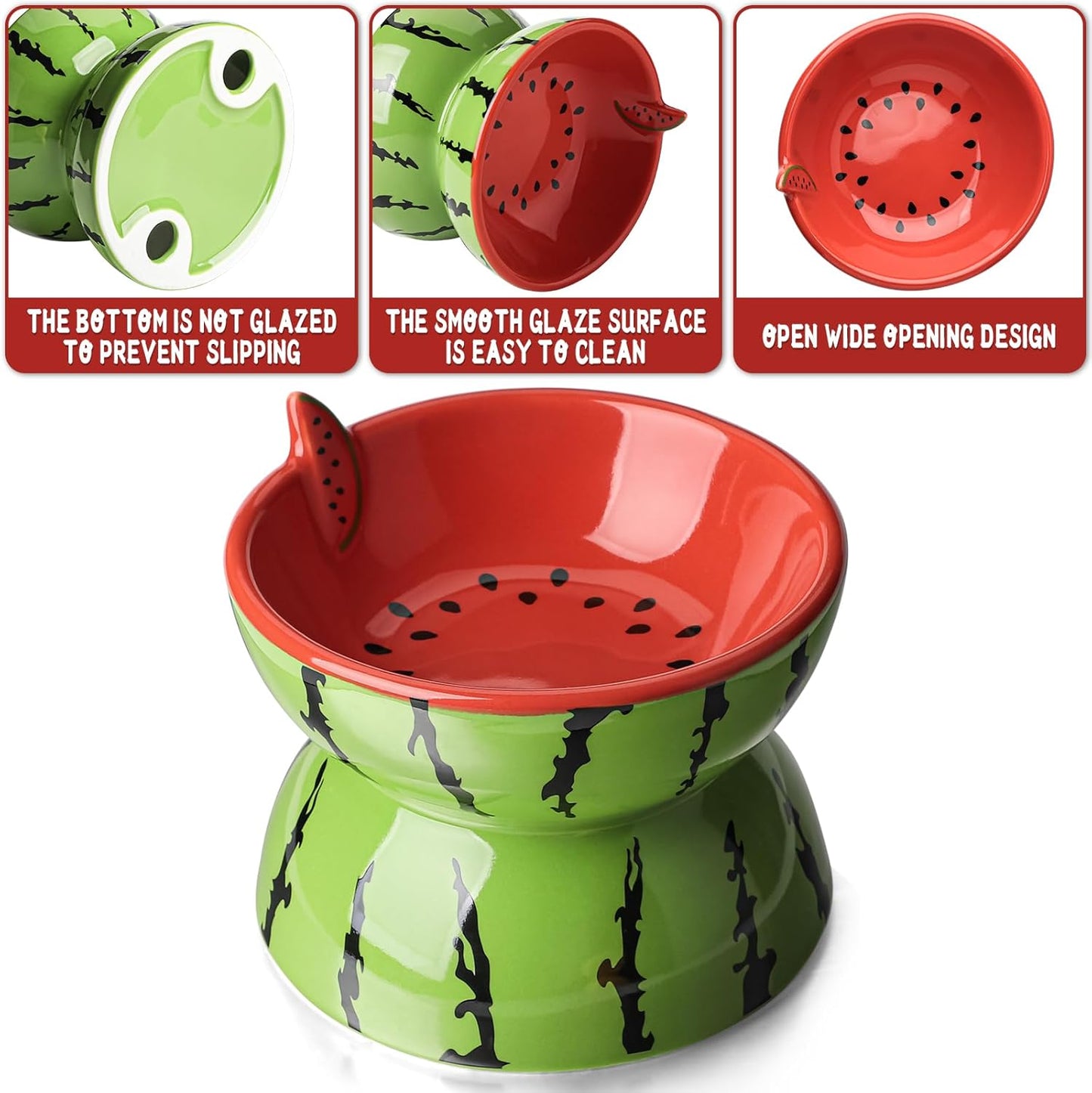 Ceramic Elevated Cat Food Bowl for Indoor Cats Tilted Food Bowls Cute Raised Cat Dish for Flat Faced Cats and Kitten (Watermelon Shaped, Medium)