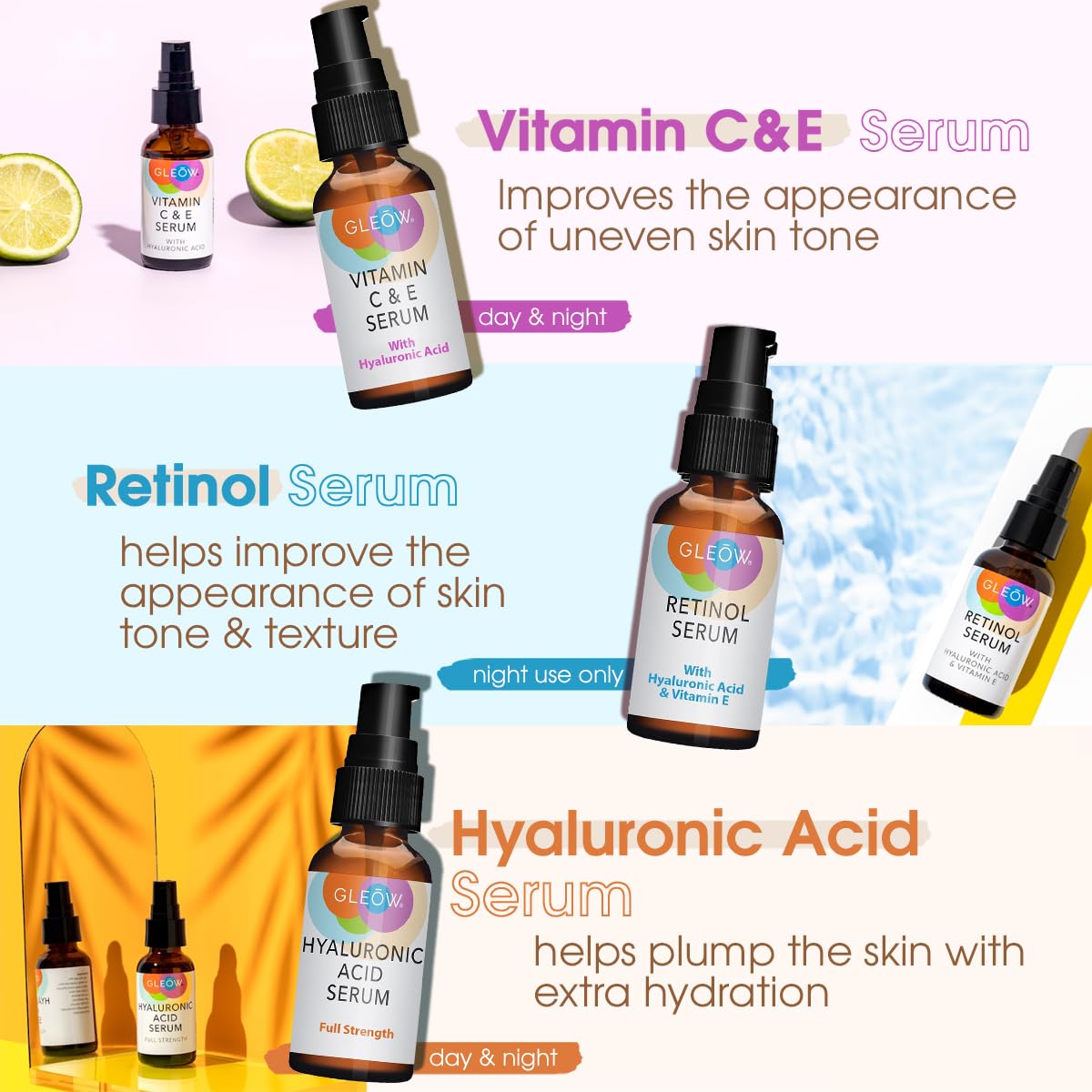GLEOW Retinol Serum for Face, Vitamin C with Hyaluronic Acid Face Serum for Women and Men, Glow Total Package Skin Care Set, Targets Appearance of Uneven Skin Tone and Dryness 3x2 oz