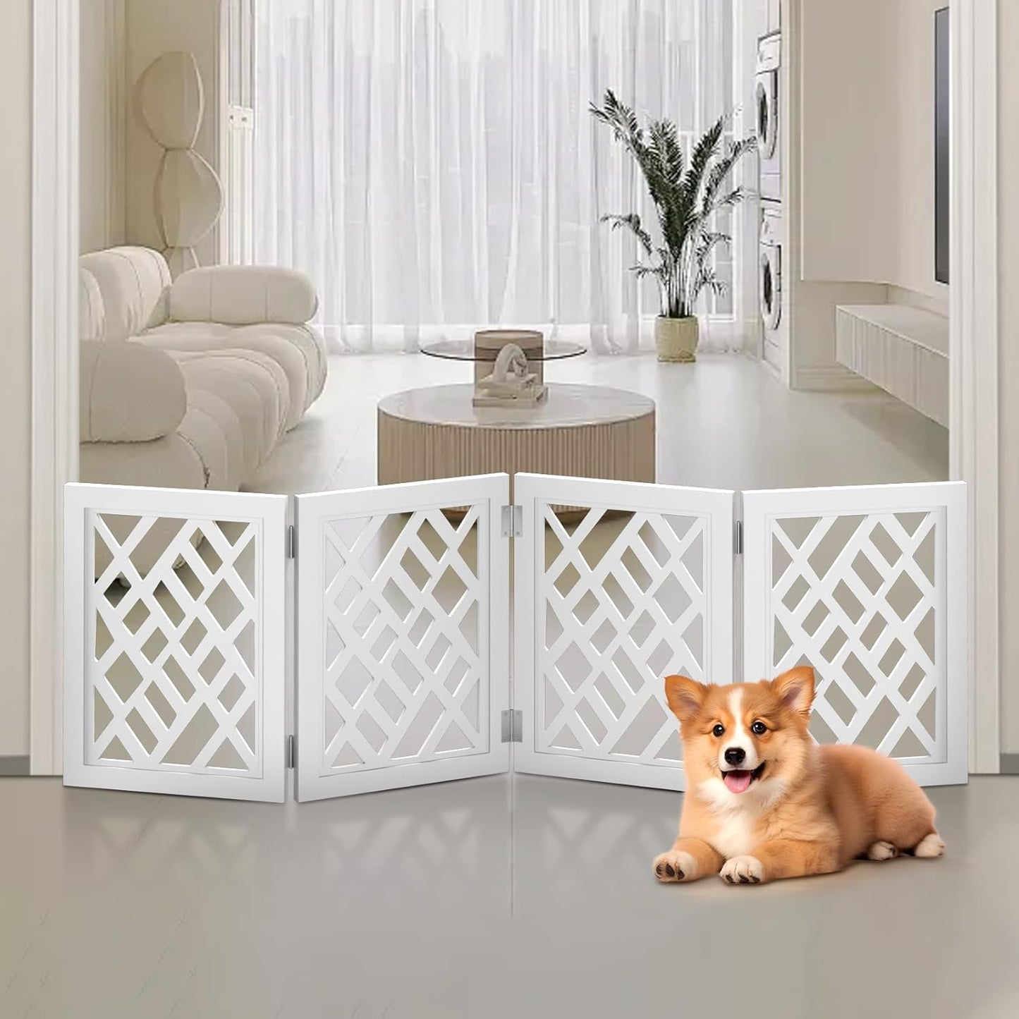 Cut-Out Design 16" Short Dog Gate for Small Dogs, Foldable Retractable Puppy Gate Indoor - Freestanding Lightweight Pet Barrier for Doorways, Stairs, Hallways (Extends to 41", White)