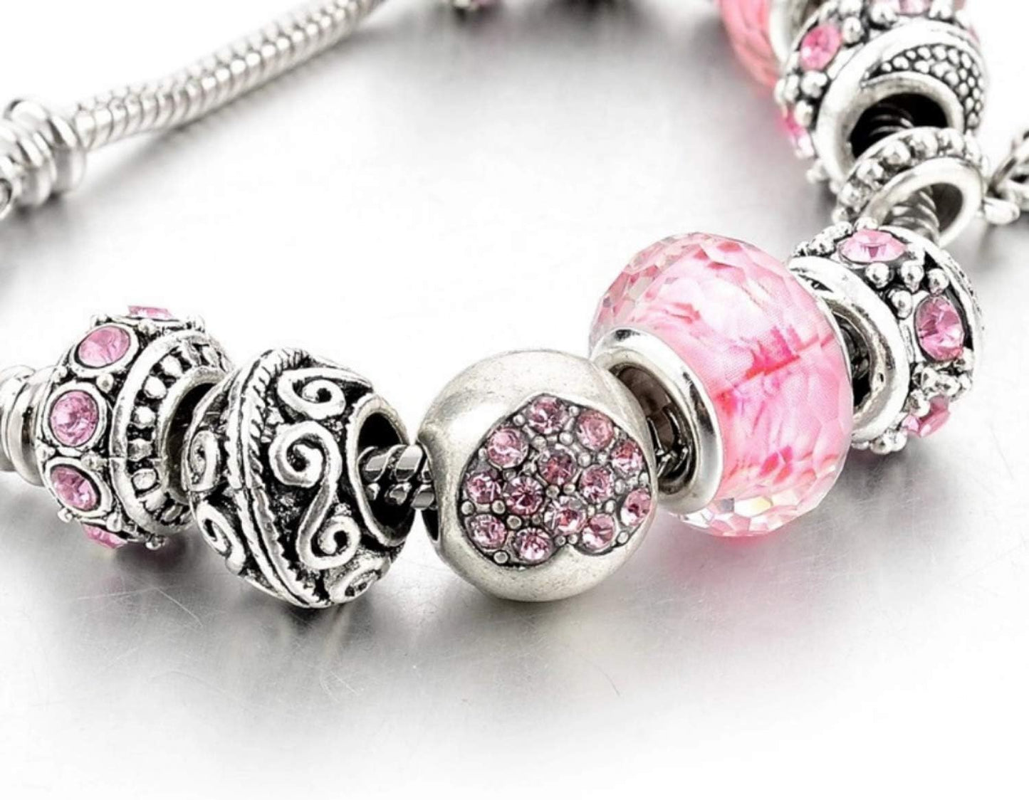 Capital Charms Pink Hearts Silver Plated Charm Bracelet Set, Jewelry Gifts with Beads, Charms, and Adjustable Snake Chain, Fits 7.5"+1.5"