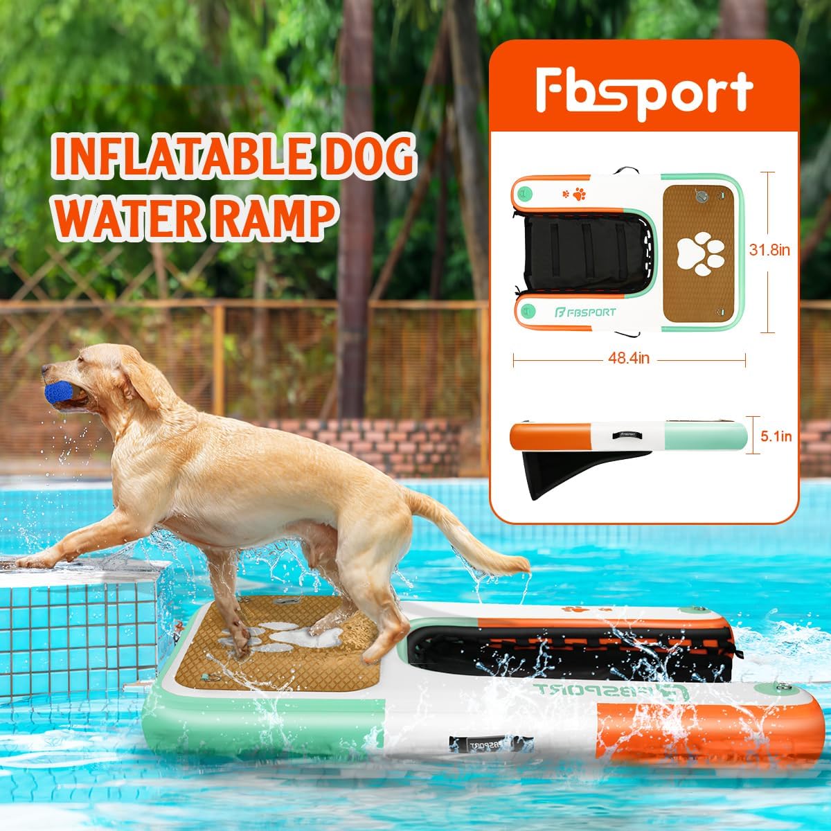 FBSPORT Inflatable Dog Boat Ramp Floating Dock Water Ladder for Pool, Boat, Non-Slip EVA Floating Ladder Pool Ramp for Dog Up to 220 LBs, Safe & Easy Access