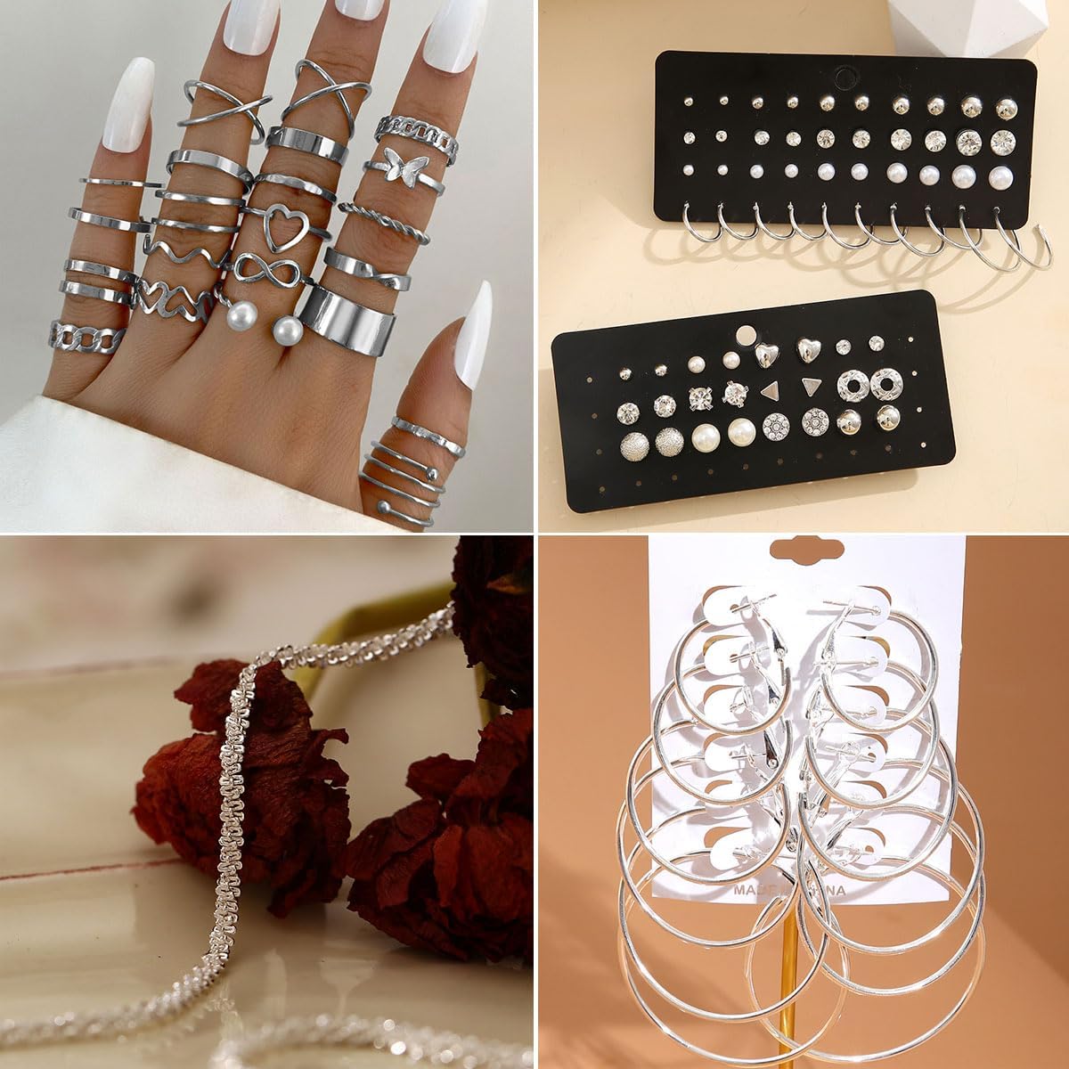 116 Pcs Silver Jewelry Set with 7Pcs Layered Necklace, 11 Pcs Bracelet and 22pcs Hoop Earrings ,22pcs Knuckle Rings,54pcs stud earrings Jewerly set For Women Valentine Anniversary Birthday Friendship Gift