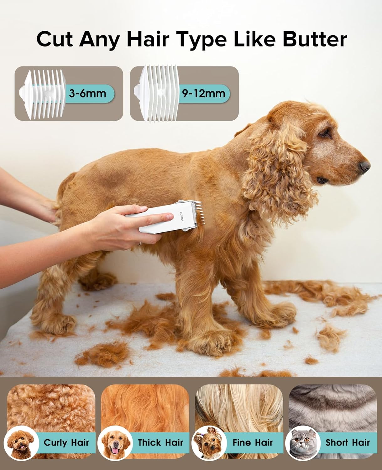 Upgrade Home Professional Dog Grooming Kit Clipper for Matted & Long Hair, Cordless Pet Shaver Low Noise USB Rechargeable for Cats, Small&Medium Dogs, Handy Pet Hair Grooming Trimmer, White
