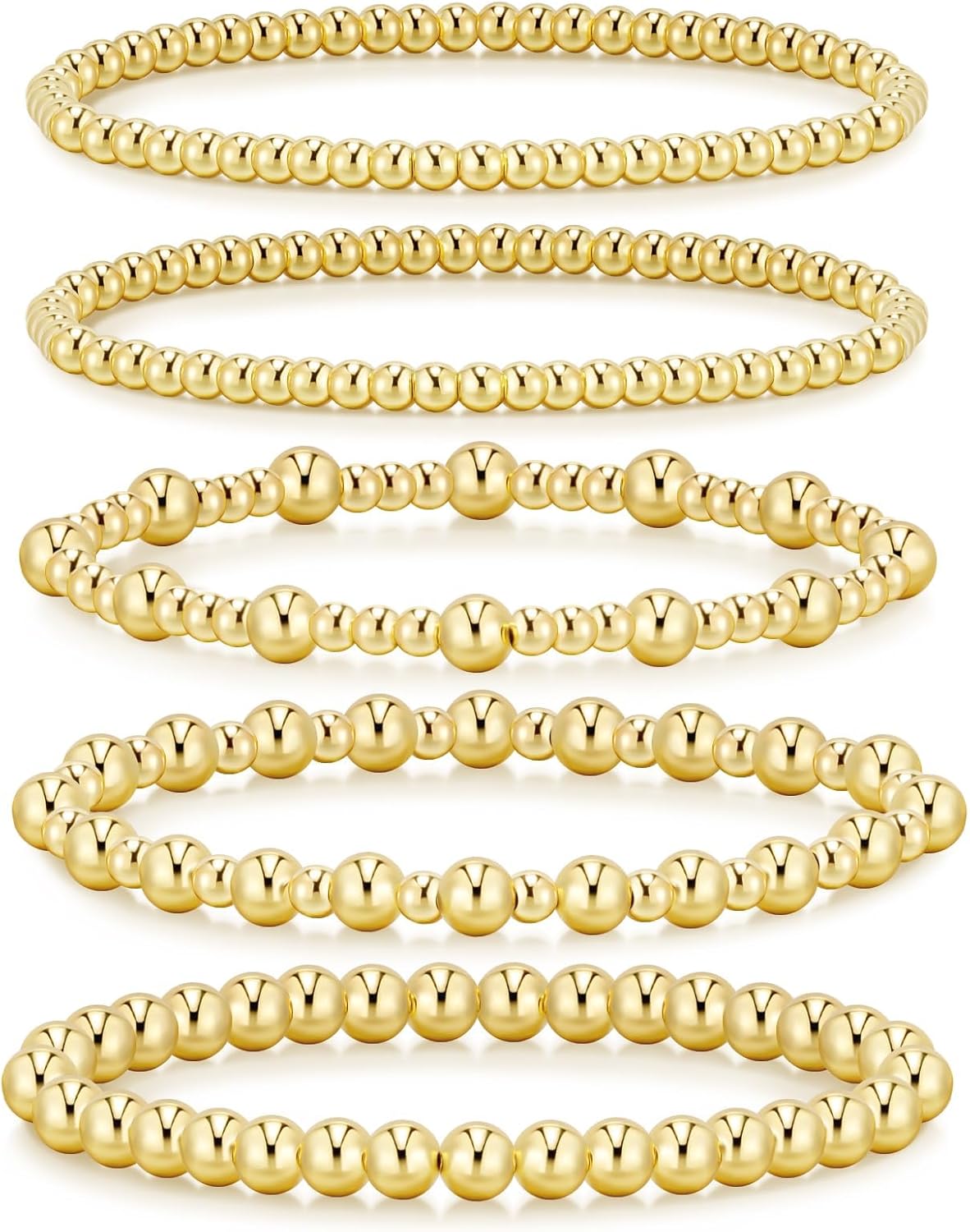 adoyi Gold Bracelets for Women Waterproof, 14K Gold Plated Beaded Strand Bead Ball Bracelets stack Adjustable Jewelry Set for Gifts