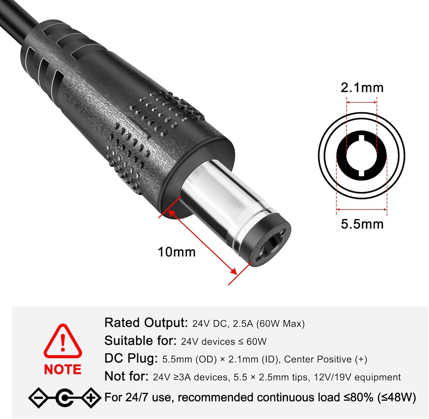 24V DC 2.5A LED Power Supply Adapter – 60W Max, UL Certified, Flicker-Free for 24V LED/COB Strips & CCTV, 5.5×2.1mm